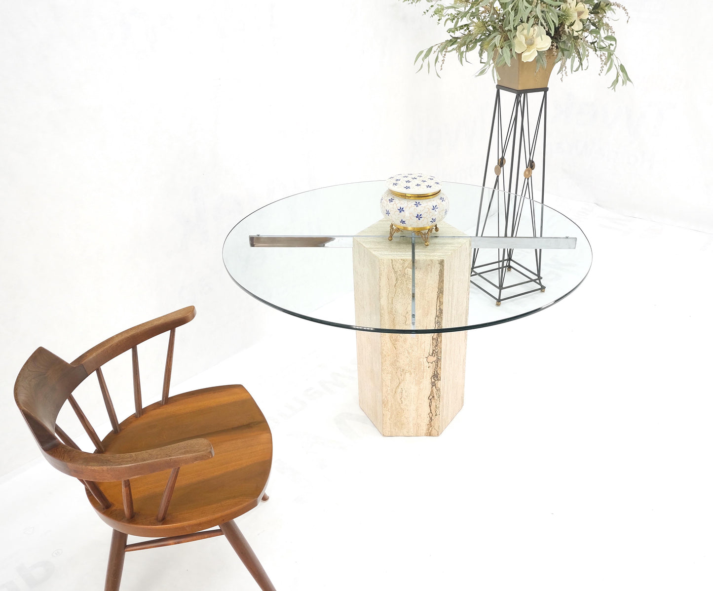EstablishedLines Hexagon Italian Travertine Base Glass Rond Top Mid-Century Modern Dining Table