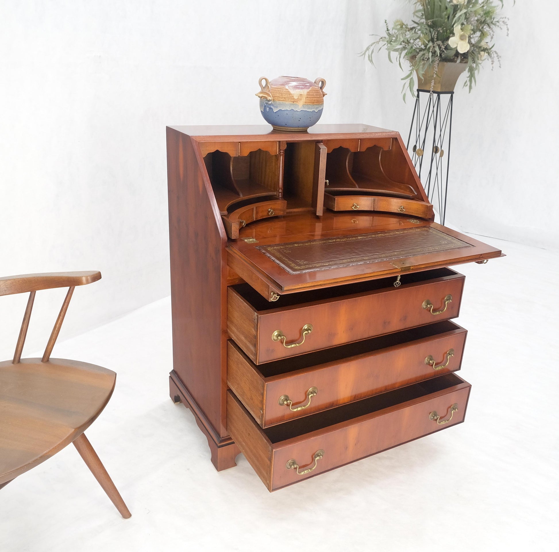 EstablishedLines Yew Wood Leather Top Drop Front Secretary Desk 3 Drawers Brass Hardware MINT!