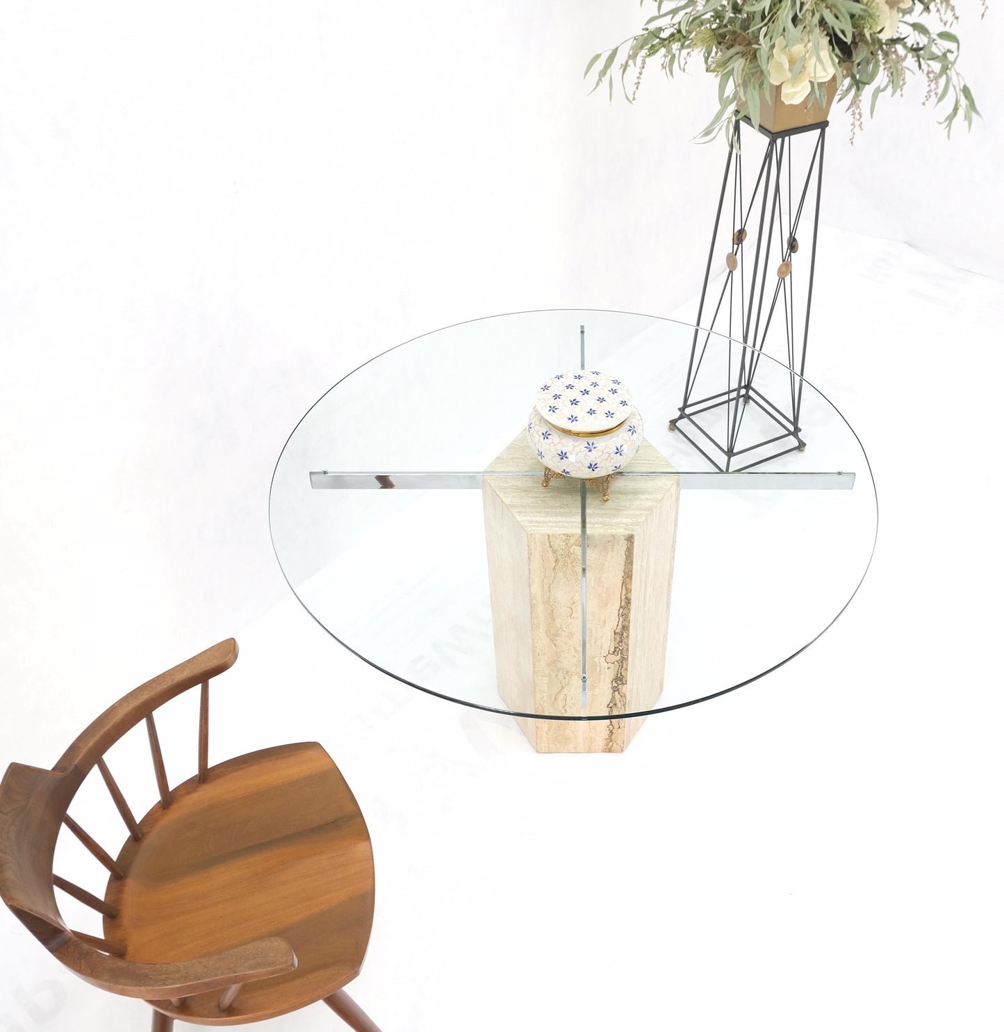 EstablishedLines Hexagon Italian Travertine Base Glass Rond Top Mid-Century Modern Dining Table