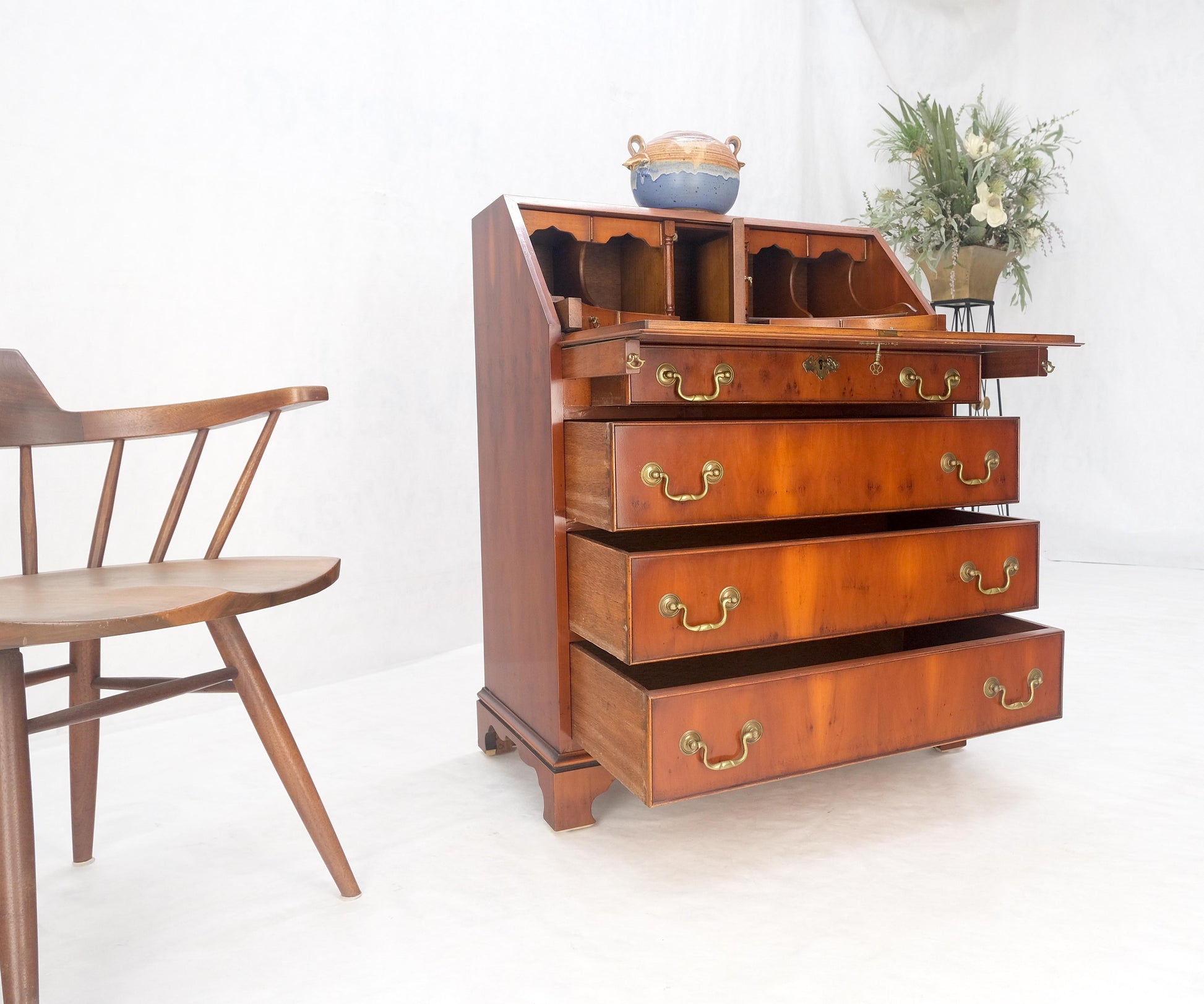 EstablishedLines Yew Wood Leather Top Drop Front Secretary Desk 3 Drawers Brass Hardware MINT!