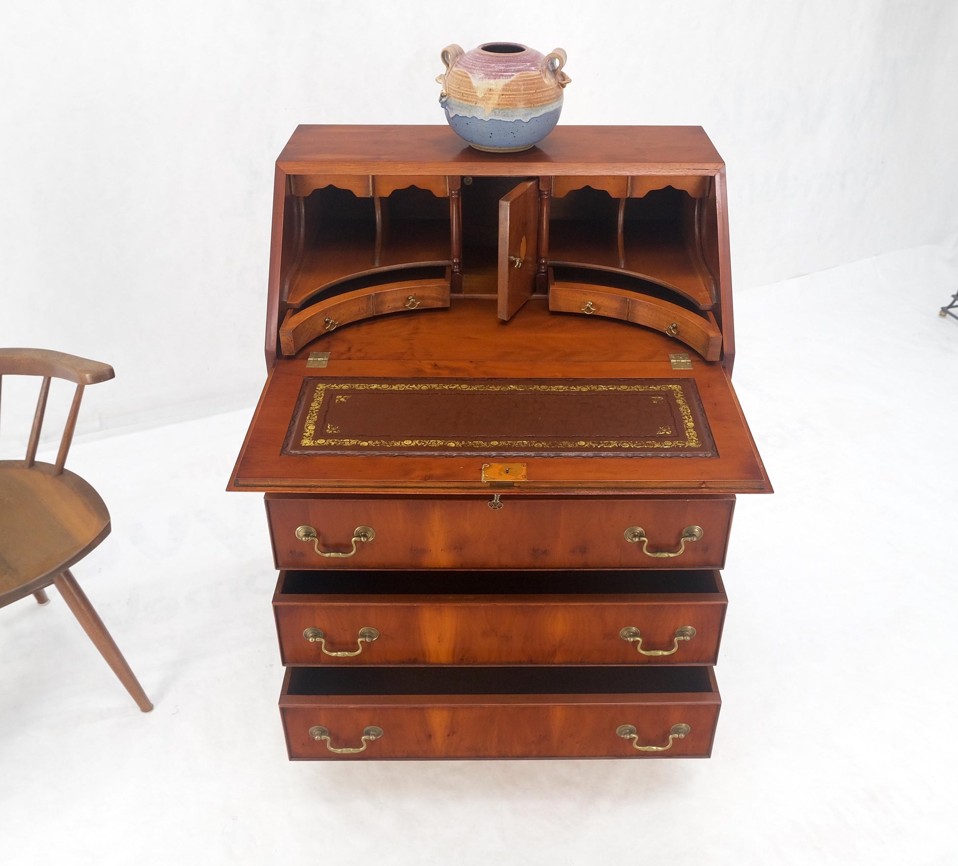 EstablishedLines Yew Wood Leather Top Drop Front Secretary Desk 3 Drawers Brass Hardware MINT!