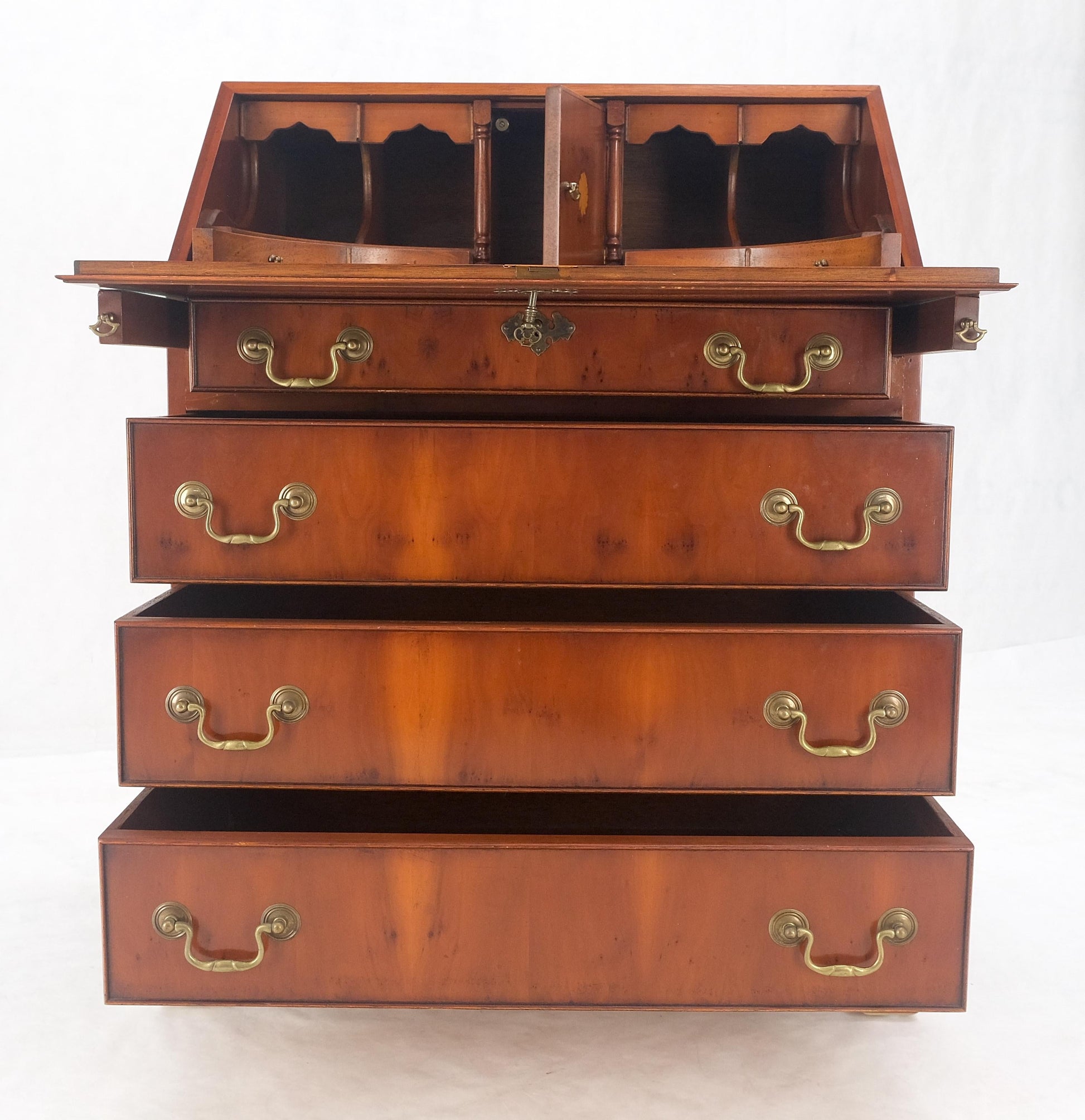 EstablishedLines Yew Wood Leather Top Drop Front Secretary Desk 3 Drawers Brass Hardware MINT!