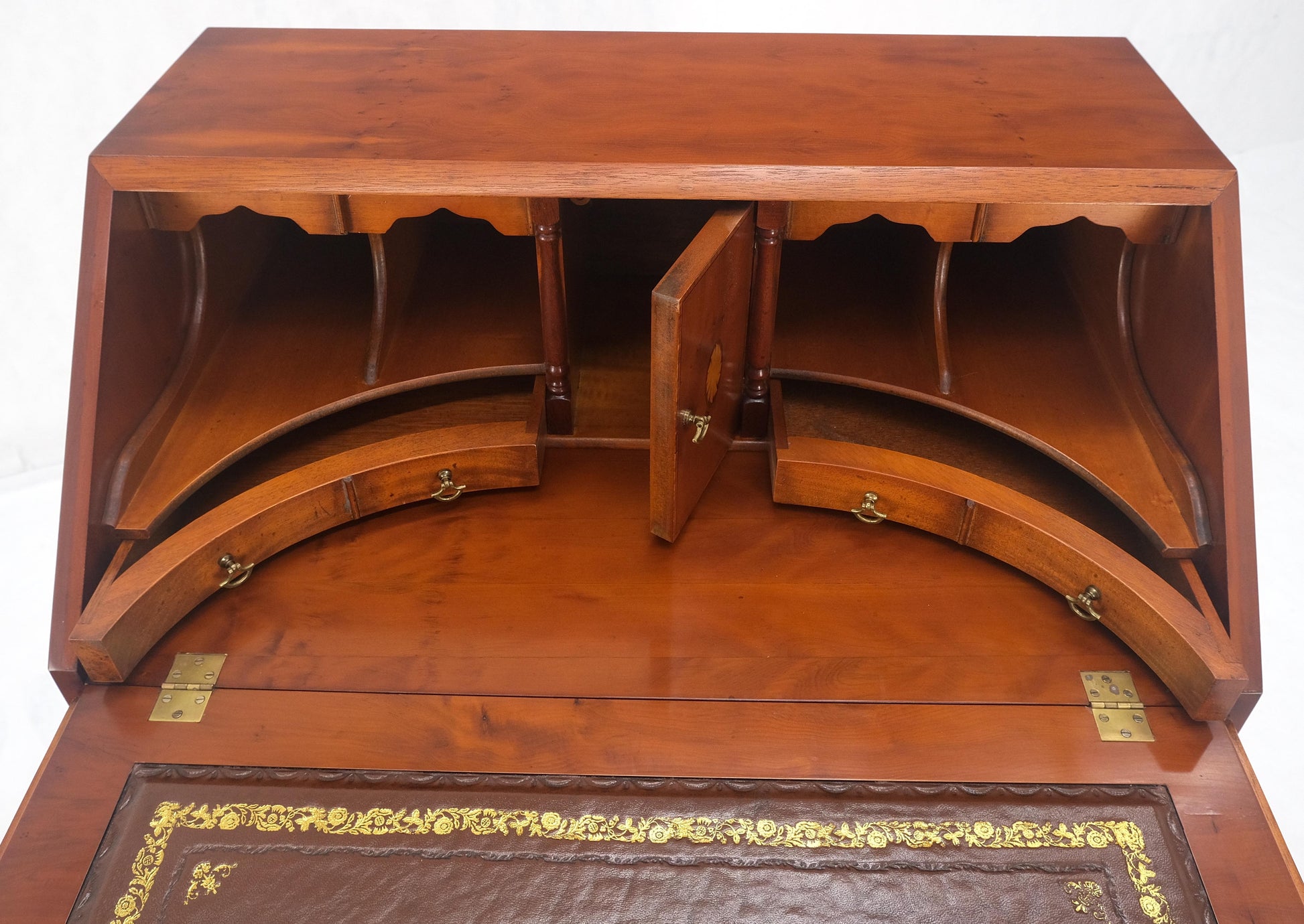 EstablishedLines Yew Wood Leather Top Drop Front Secretary Desk 3 Drawers Brass Hardware MINT!