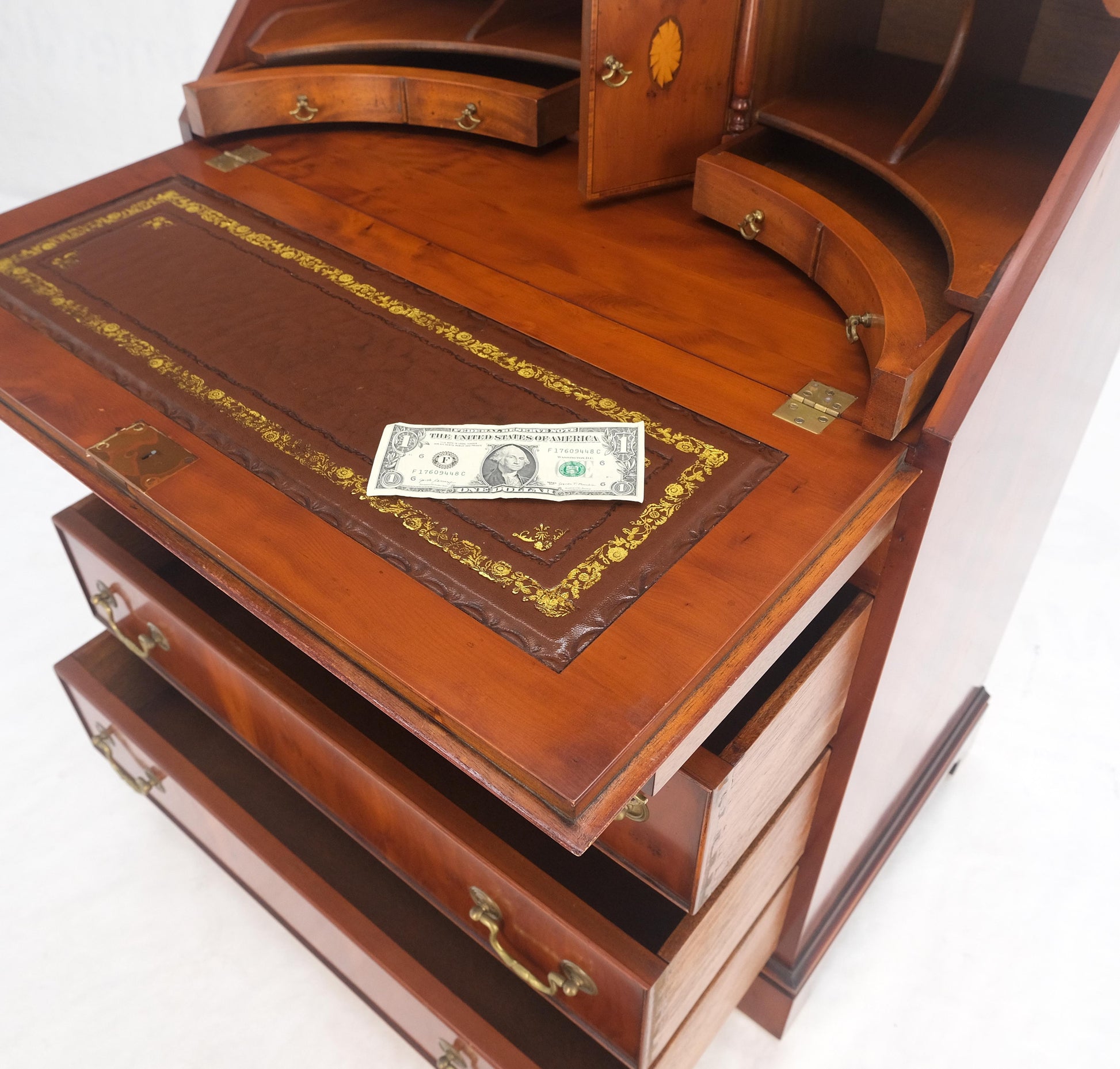 EstablishedLines Yew Wood Leather Top Drop Front Secretary Desk 3 Drawers Brass Hardware MINT!