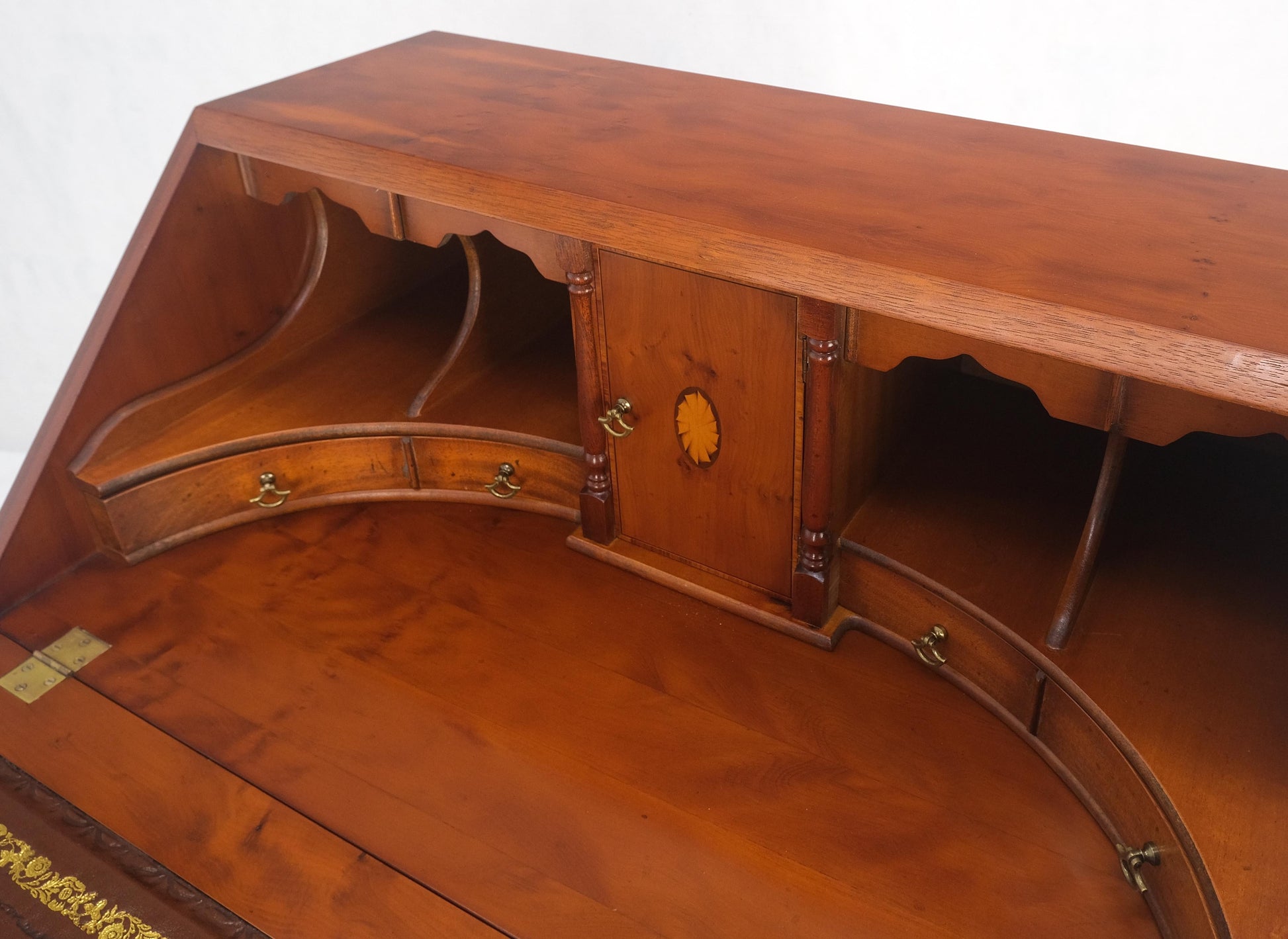 EstablishedLines Yew Wood Leather Top Drop Front Secretary Desk 3 Drawers Brass Hardware MINT!