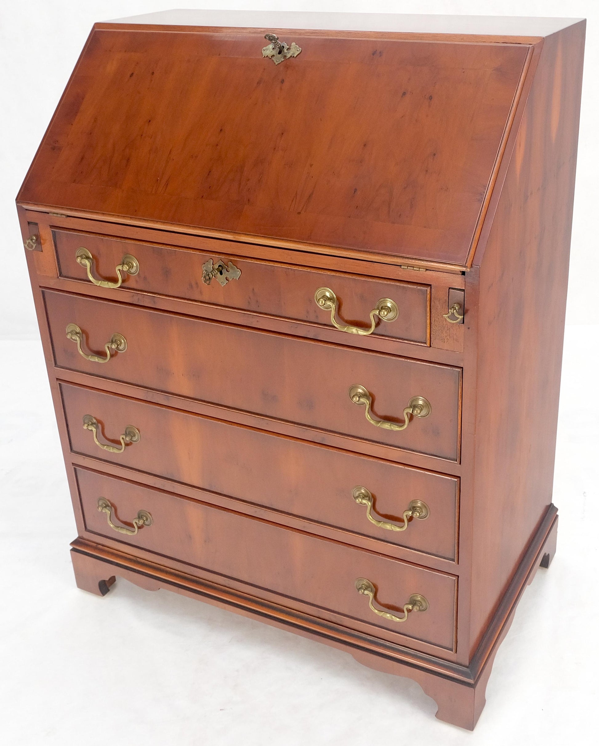 EstablishedLines Yew Wood Leather Top Drop Front Secretary Desk 3 Drawers Brass Hardware MINT!