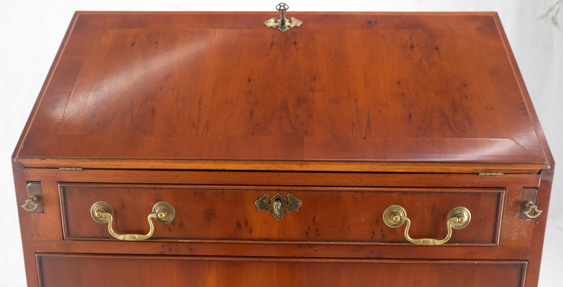 EstablishedLines Yew Wood Leather Top Drop Front Secretary Desk 3 Drawers Brass Hardware MINT!