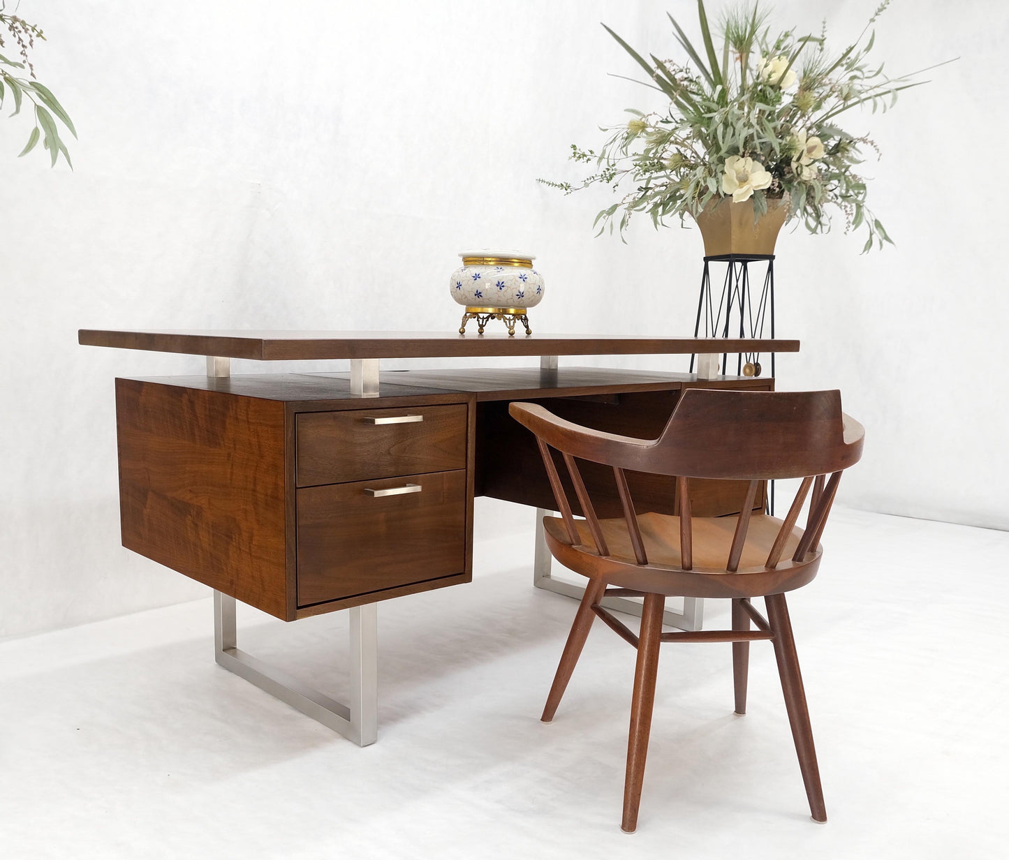 EstablishedLines Solid Walnut Mid-Century Modern Floating Top All Restored Desk Table Mint!