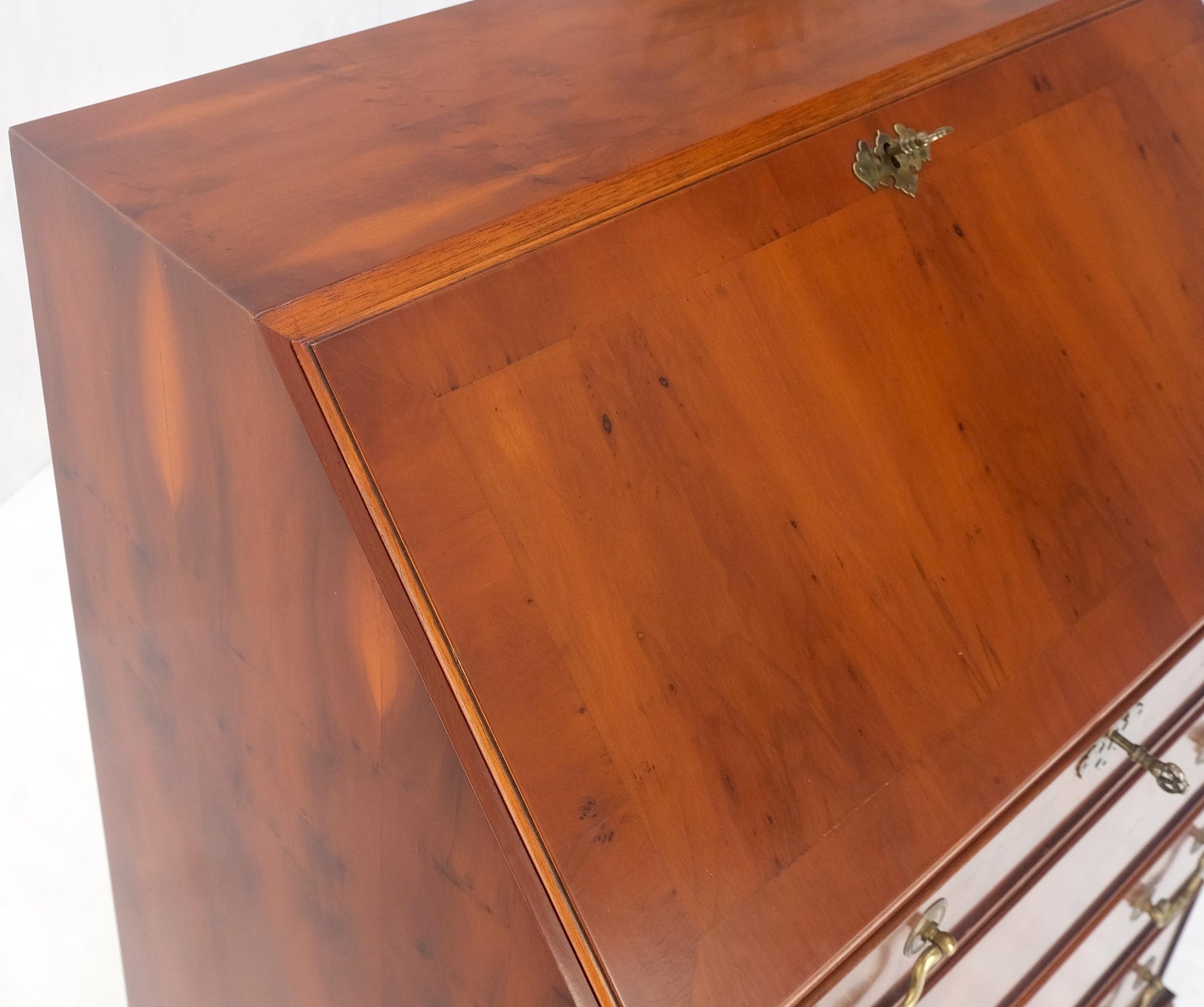 EstablishedLines Yew Wood Leather Top Drop Front Secretary Desk 3 Drawers Brass Hardware MINT!