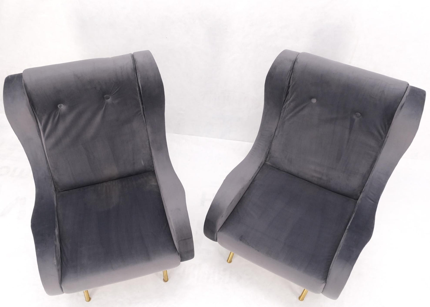 EstablishedLines Pair Italian Mid-Century Modern Brass Legs Grey Arm Lounge Chairs