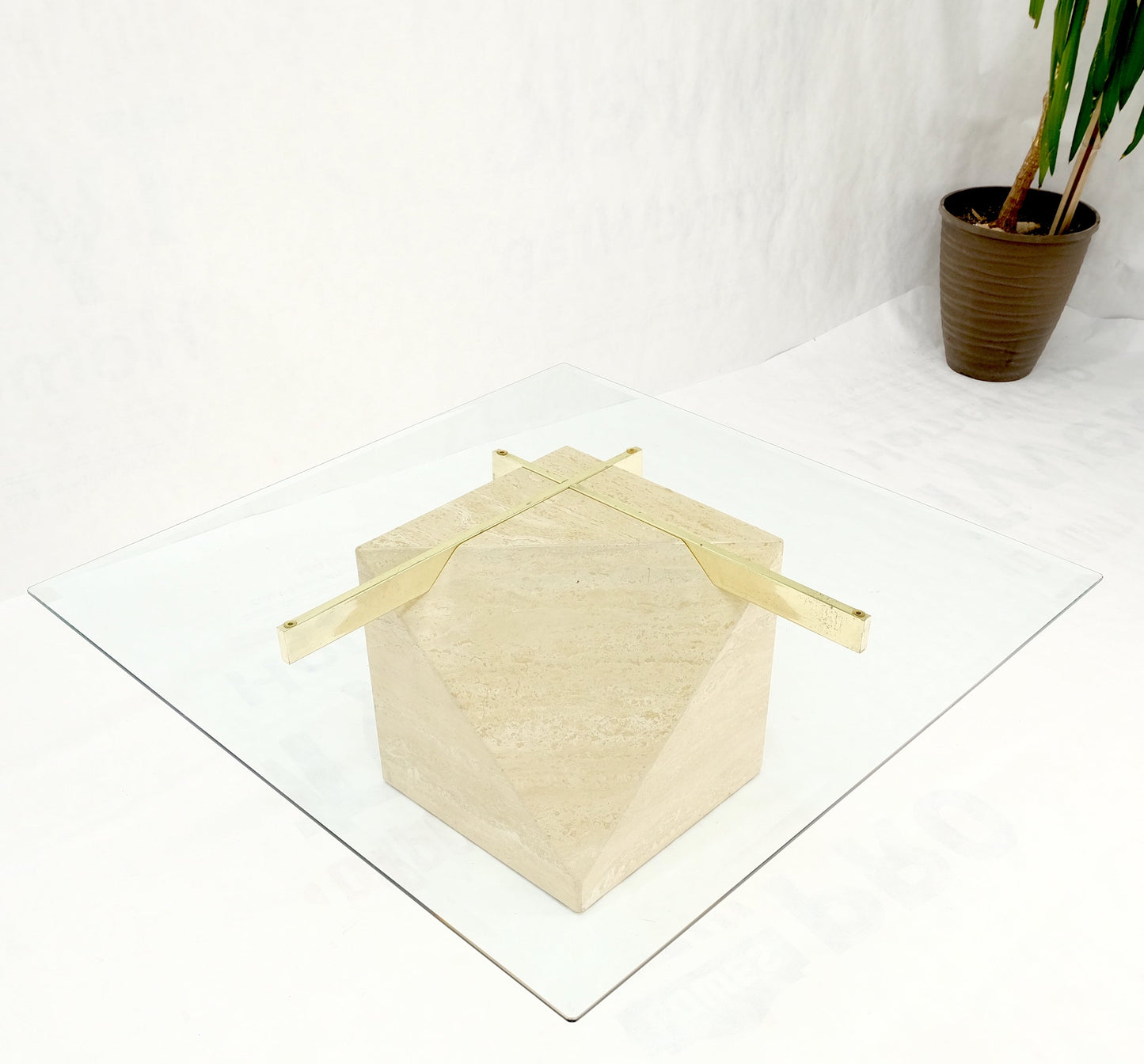 EstablishedLines Travertine Cube Base Square Glass Top Italian Mid-Century Modern Coffee Table