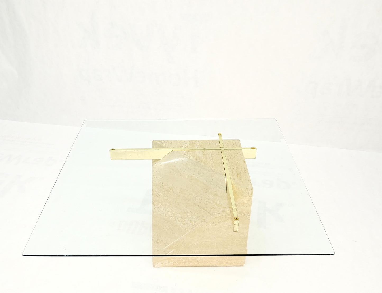 EstablishedLines Travertine Cube Base Square Glass Top Italian Mid-Century Modern Coffee Table