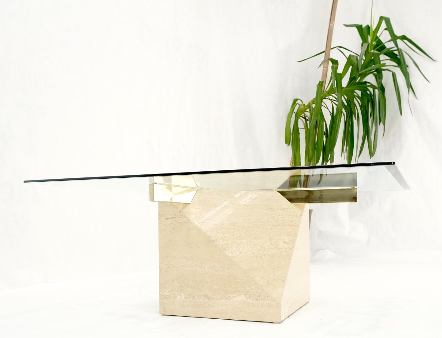 EstablishedLines Travertine Cube Base Square Glass Top Italian Mid-Century Modern Coffee Table