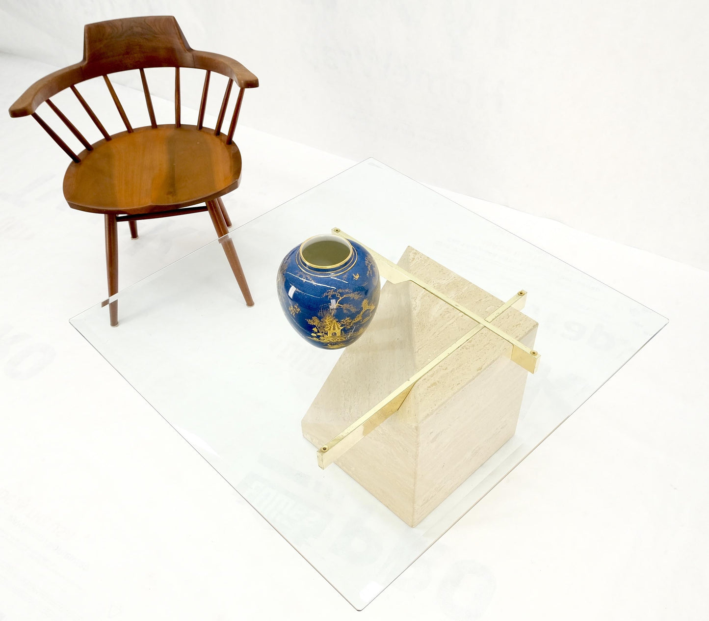 EstablishedLines Travertine Cube Base Square Glass Top Italian Mid-Century Modern Coffee Table