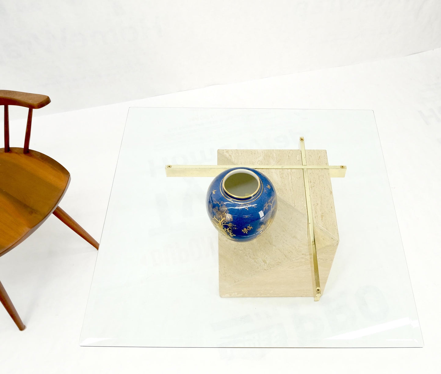 EstablishedLines Travertine Cube Base Square Glass Top Italian Mid-Century Modern Coffee Table