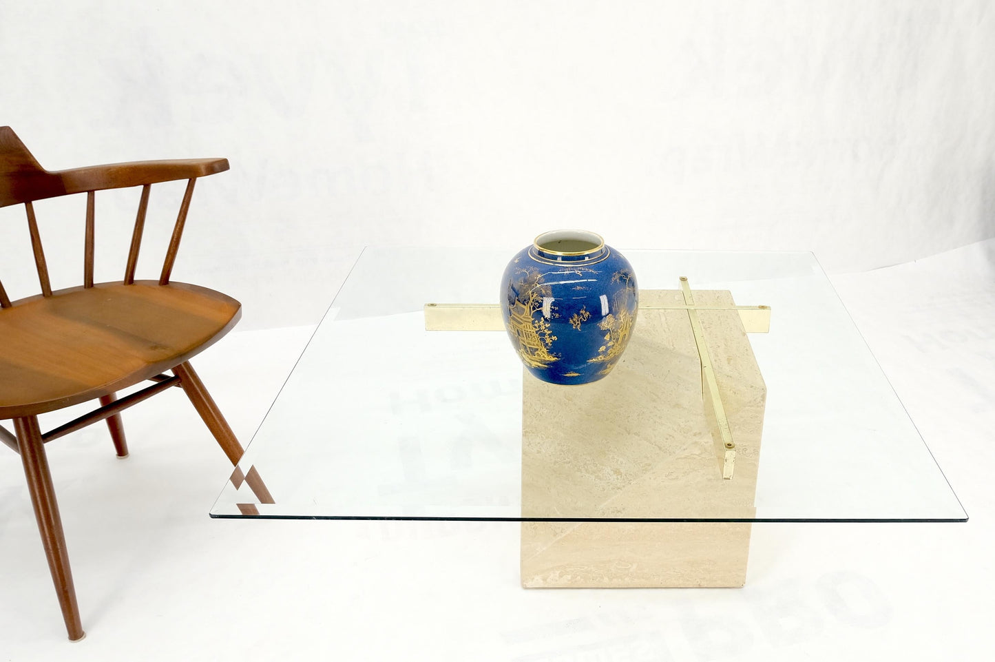 EstablishedLines Travertine Cube Base Square Glass Top Italian Mid-Century Modern Coffee Table