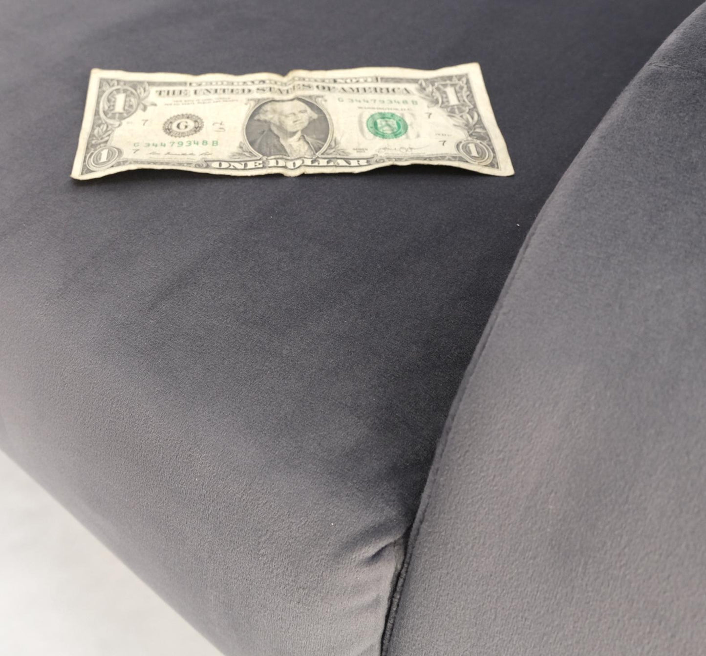 EstablishedLines Pair Italian Mid-Century Modern Brass Legs Grey Arm Lounge Chairs