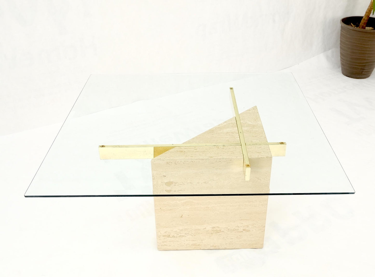 EstablishedLines Travertine Cube Base Square Glass Top Italian Mid-Century Modern Coffee Table