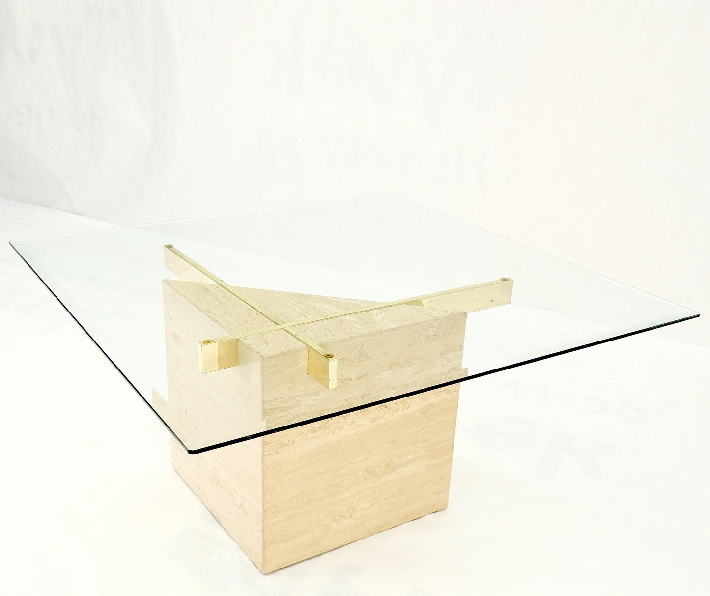 EstablishedLines Travertine Cube Base Square Glass Top Italian Mid-Century Modern Coffee Table