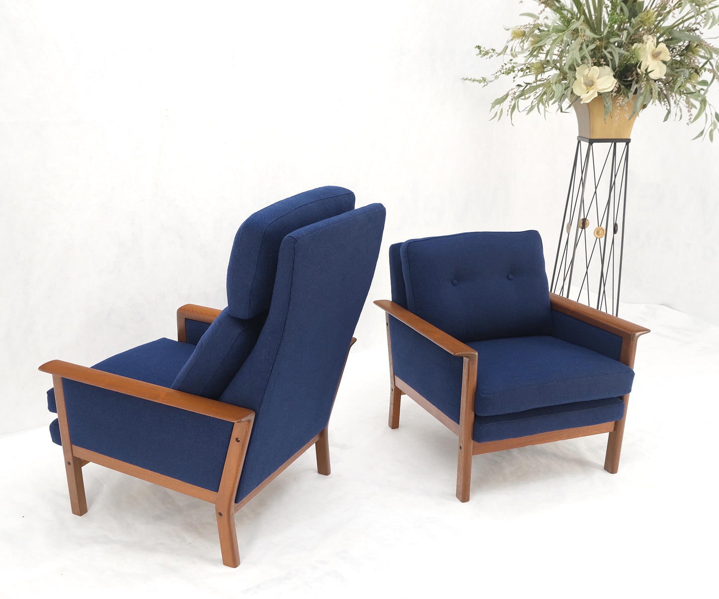 EstablishedLines Danish Mid-Century Modern Teak Frames New Wool Upholstery Lounge Chairs Refinish