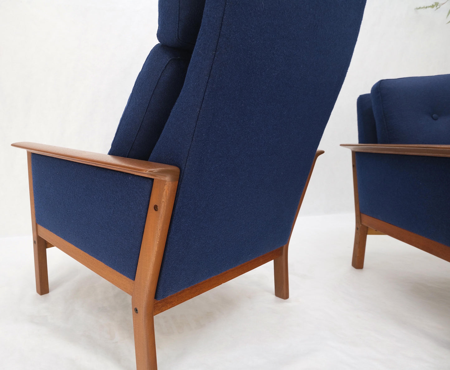 EstablishedLines Danish Mid-Century Modern Teak Frames New Wool Upholstery Lounge Chairs Refinish