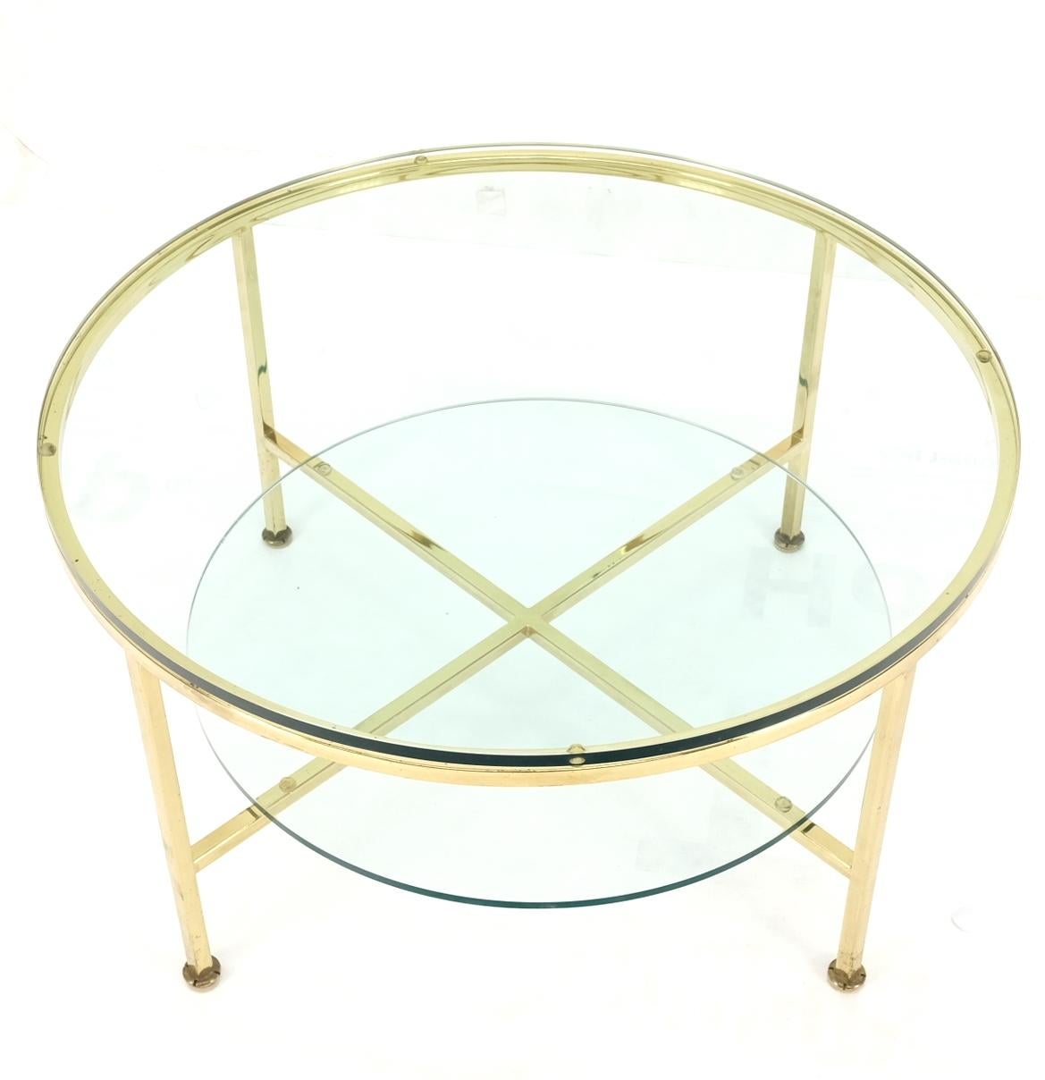 EstablishedLines Two Tier Cross Shape Brass Base Round Occasional Coffee Side End Table Stand