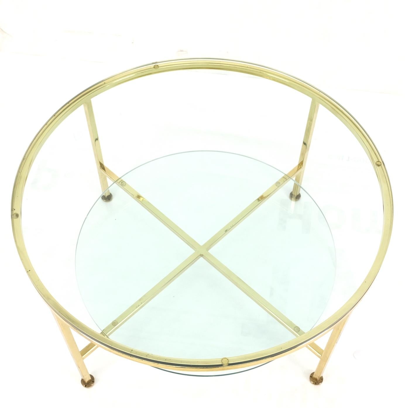 EstablishedLines Two Tier Cross Shape Brass Base Round Occasional Coffee Side End Table Stand