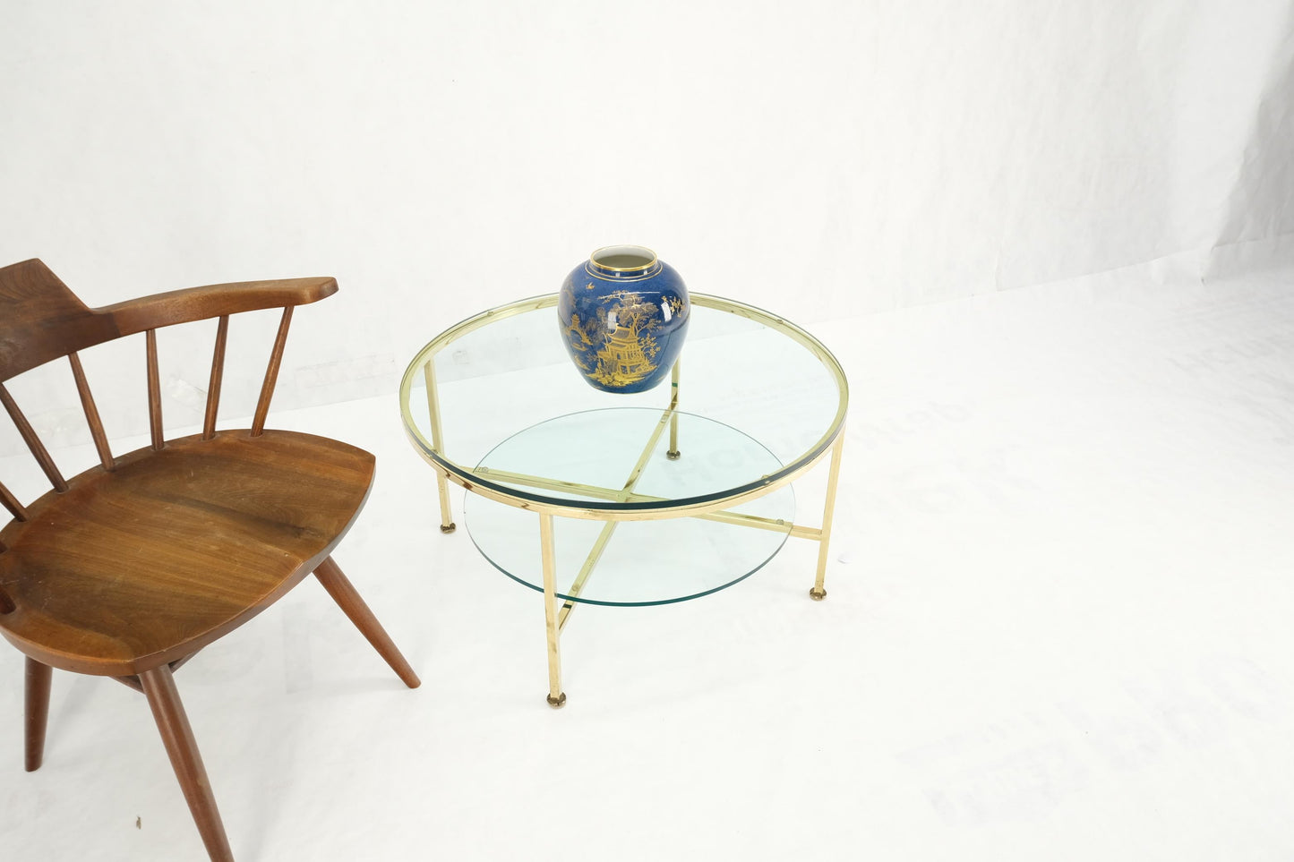 EstablishedLines Two Tier Cross Shape Brass Base Round Occasional Coffee Side End Table Stand