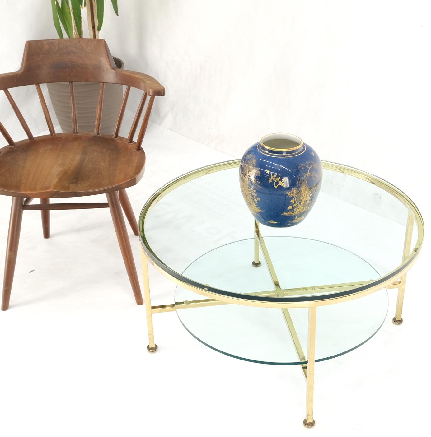 EstablishedLines Two Tier Cross Shape Brass Base Round Occasional Coffee Side End Table Stand