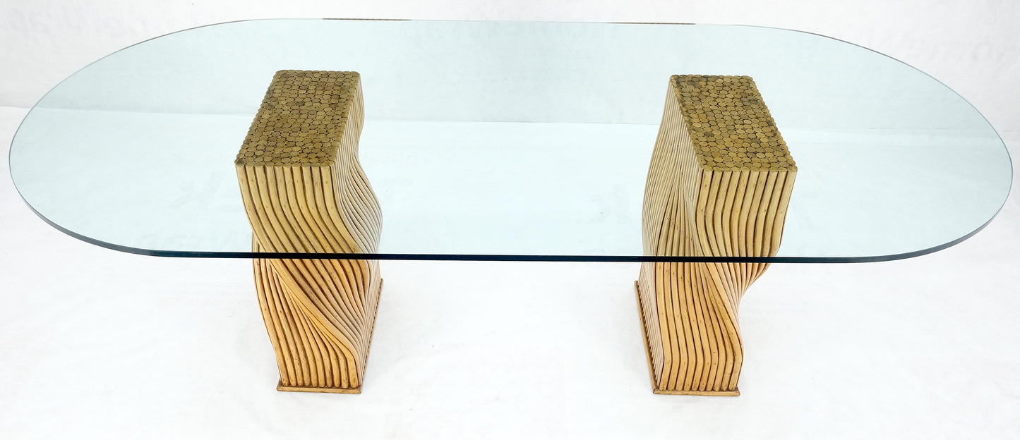 EstablishedLines Racetrack Oval Shape 3/4" Glass Top Sheaf of Twisted Bamboo Bases Dining Table
