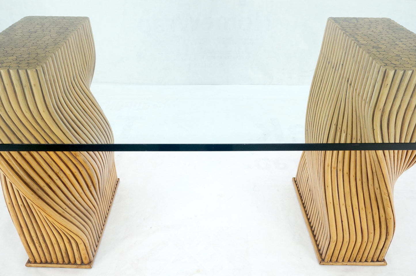 EstablishedLines Racetrack Oval Shape 3/4" Glass Top Sheaf of Twisted Bamboo Bases Dining Table