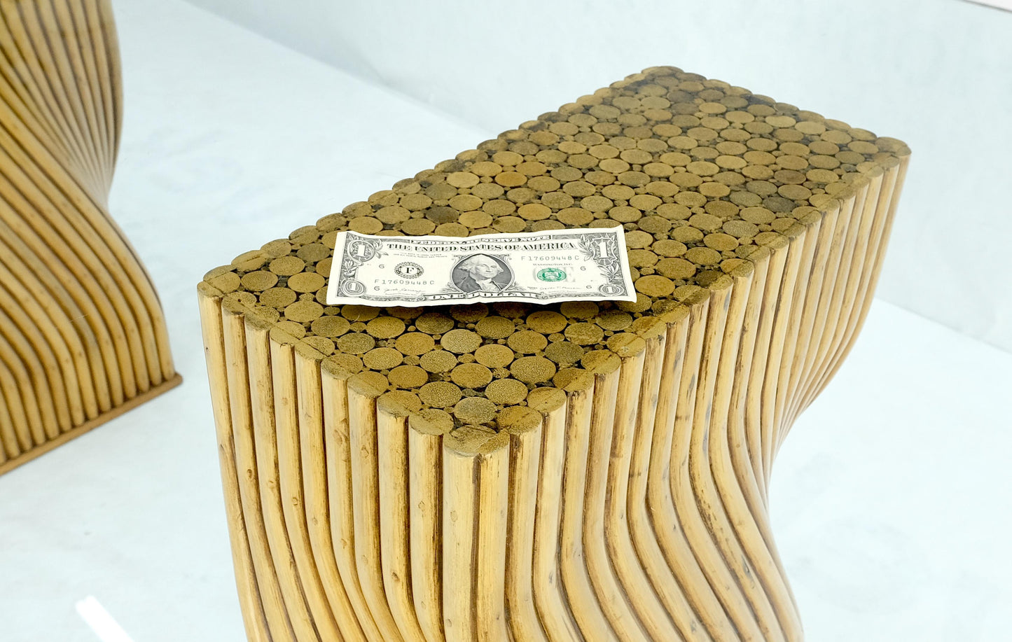 EstablishedLines Racetrack Oval Shape 3/4" Glass Top Sheaf of Twisted Bamboo Bases Dining Table