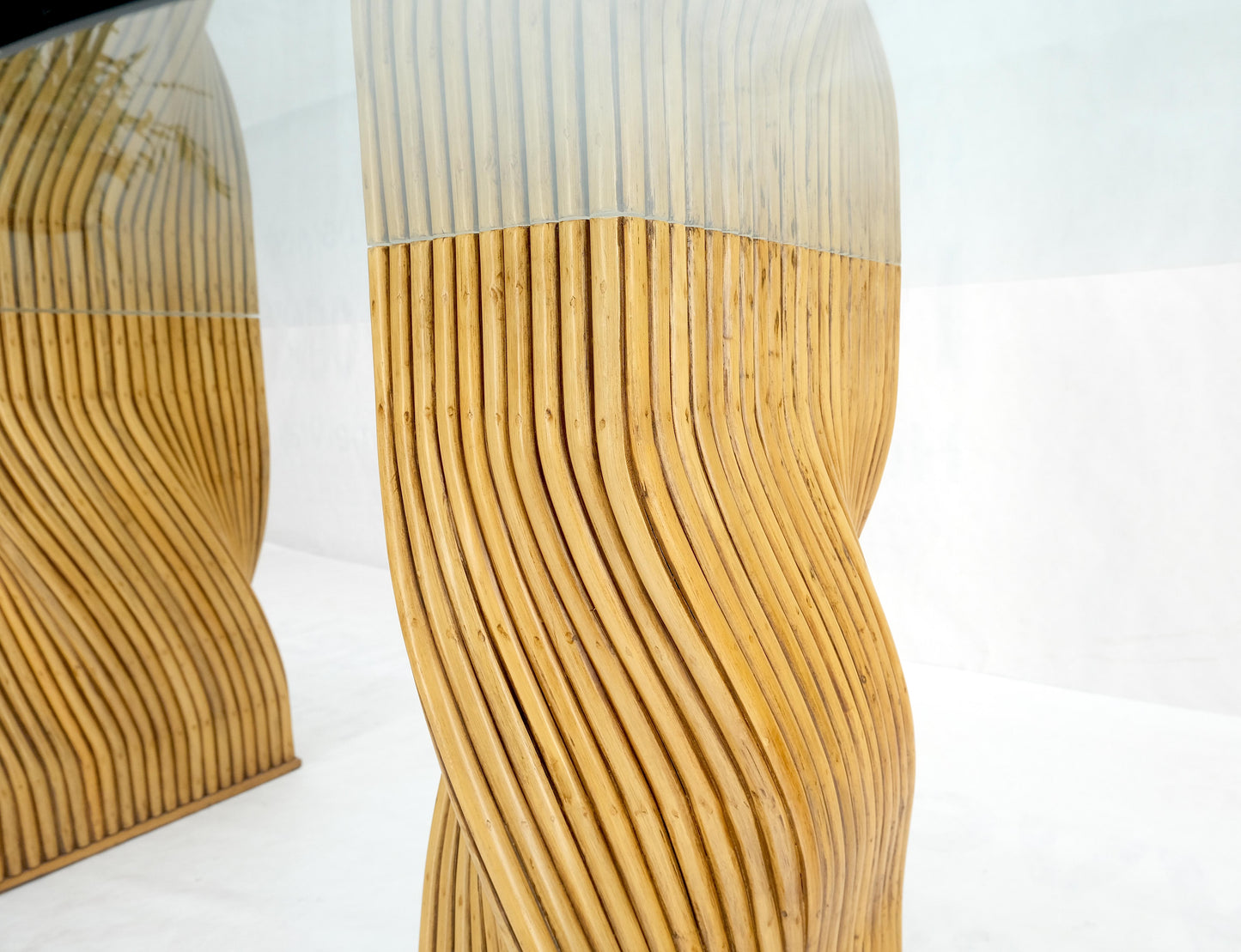 EstablishedLines Racetrack Oval Shape 3/4" Glass Top Sheaf of Twisted Bamboo Bases Dining Table