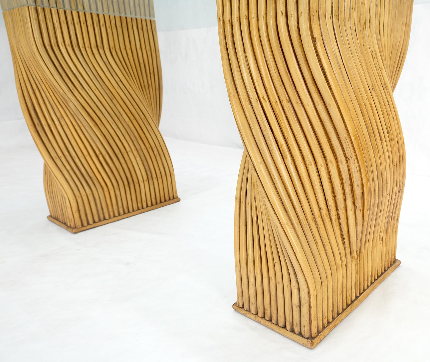 EstablishedLines Racetrack Oval Shape 3/4" Glass Top Sheaf of Twisted Bamboo Bases Dining Table