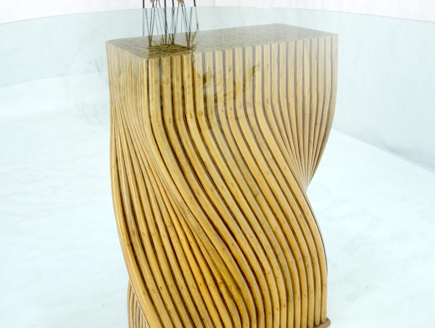 EstablishedLines Racetrack Oval Shape 3/4" Glass Top Sheaf of Twisted Bamboo Bases Dining Table
