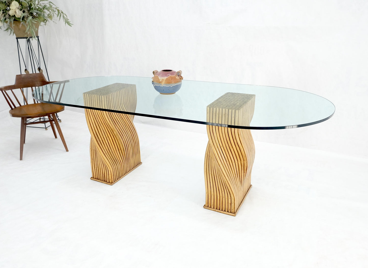 EstablishedLines Racetrack Oval Shape 3/4" Glass Top Sheaf of Twisted Bamboo Bases Dining Table