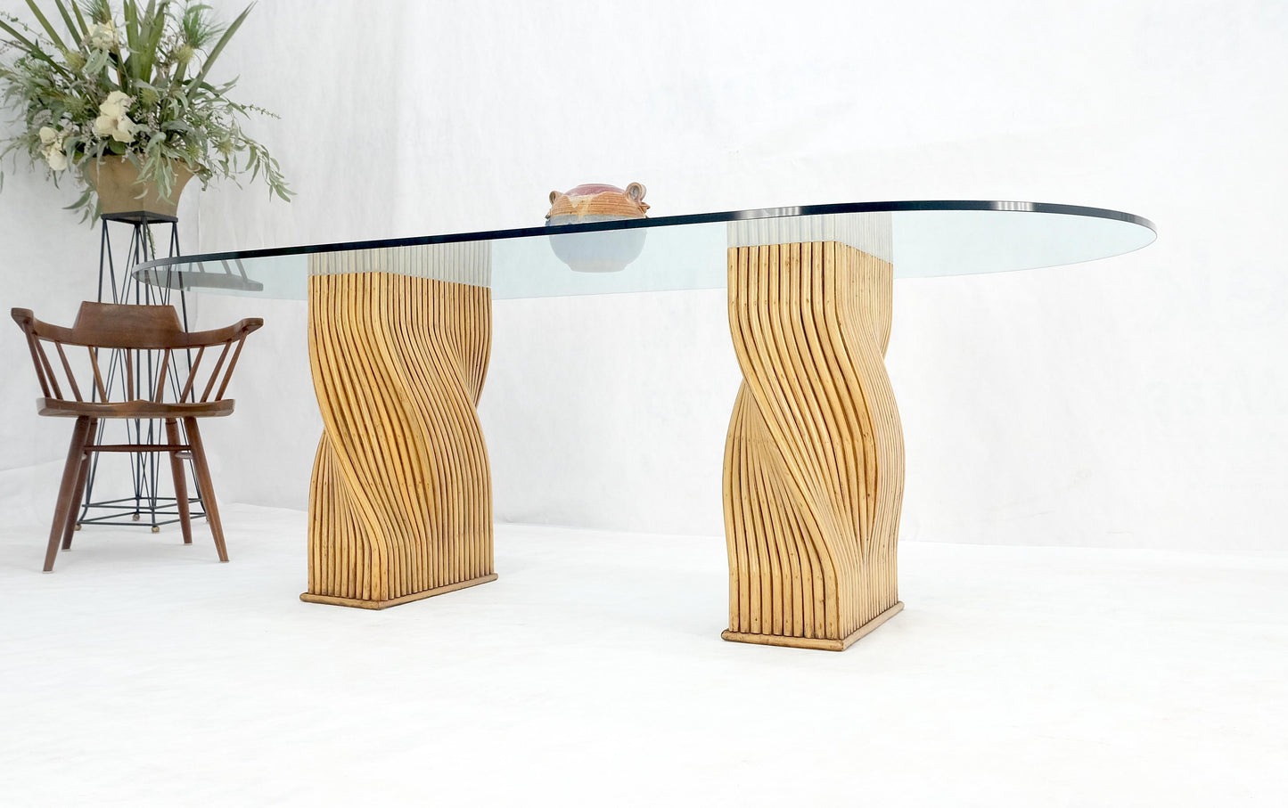 EstablishedLines Racetrack Oval Shape 3/4" Glass Top Sheaf of Twisted Bamboo Bases Dining Table
