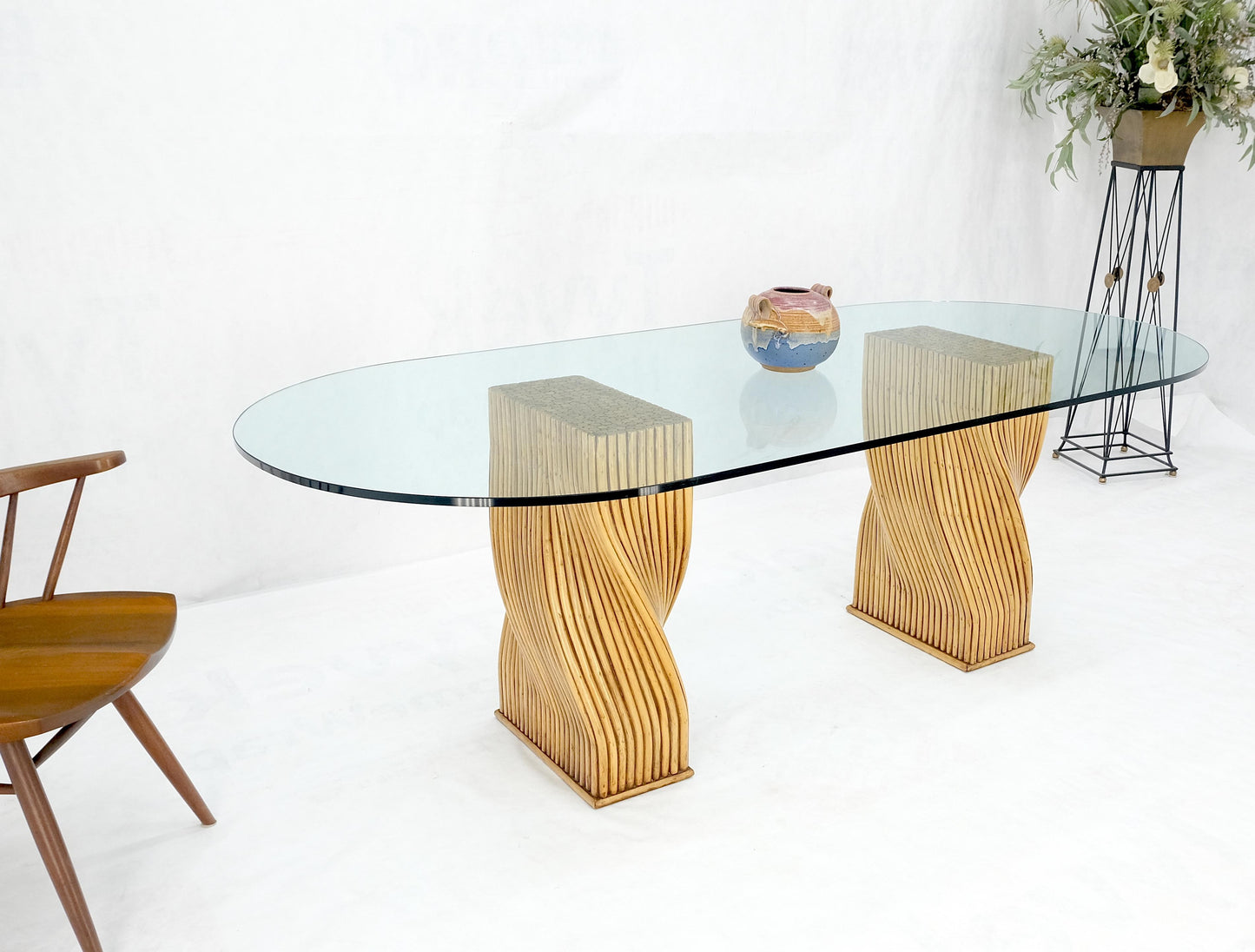 EstablishedLines Racetrack Oval Shape 3/4" Glass Top Sheaf of Twisted Bamboo Bases Dining Table