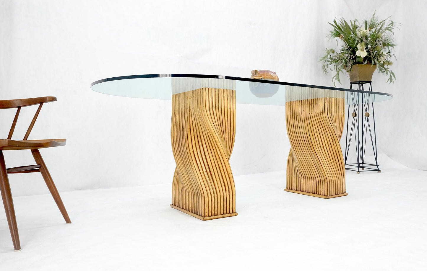 EstablishedLines Racetrack Oval Shape 3/4" Glass Top Sheaf of Twisted Bamboo Bases Dining Table