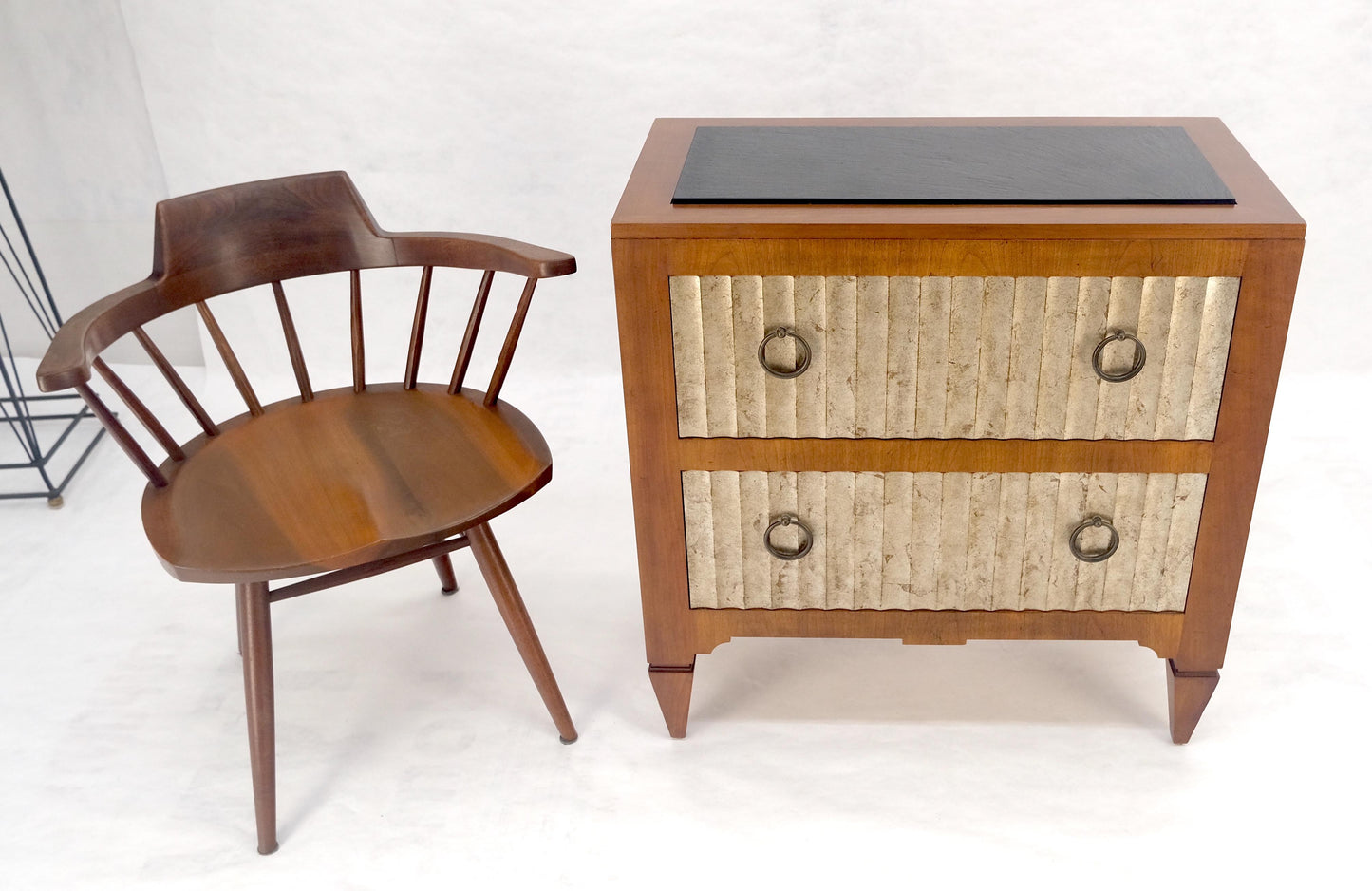 EstablishedLines Baker Slate Top Silver Leaf Scallop Front Two Drawers Night Stand End Table MINT