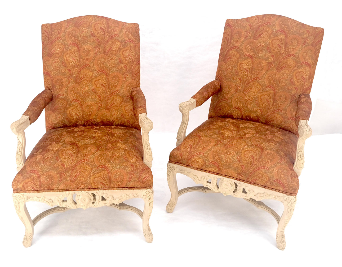 EstablishedLines Pair of Fine Carved White Lacquer Rouge Floral Upholstery Arm Club Chairs MINT