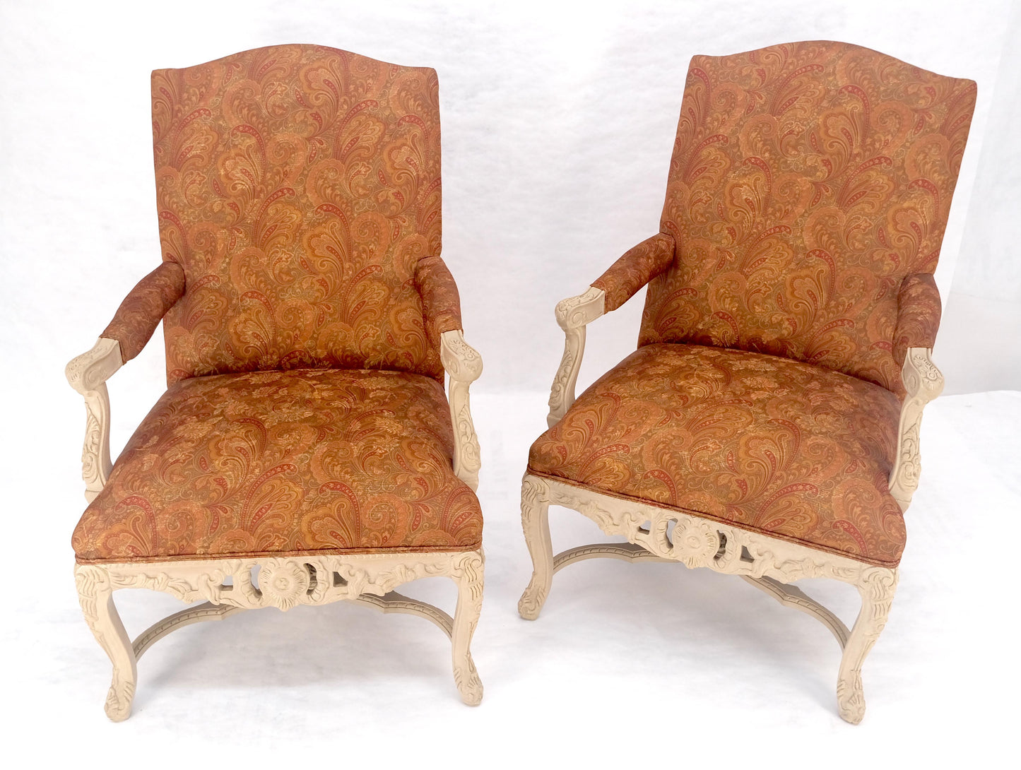 EstablishedLines Pair of Fine Carved White Lacquer Rouge Floral Upholstery Arm Club Chairs MINT
