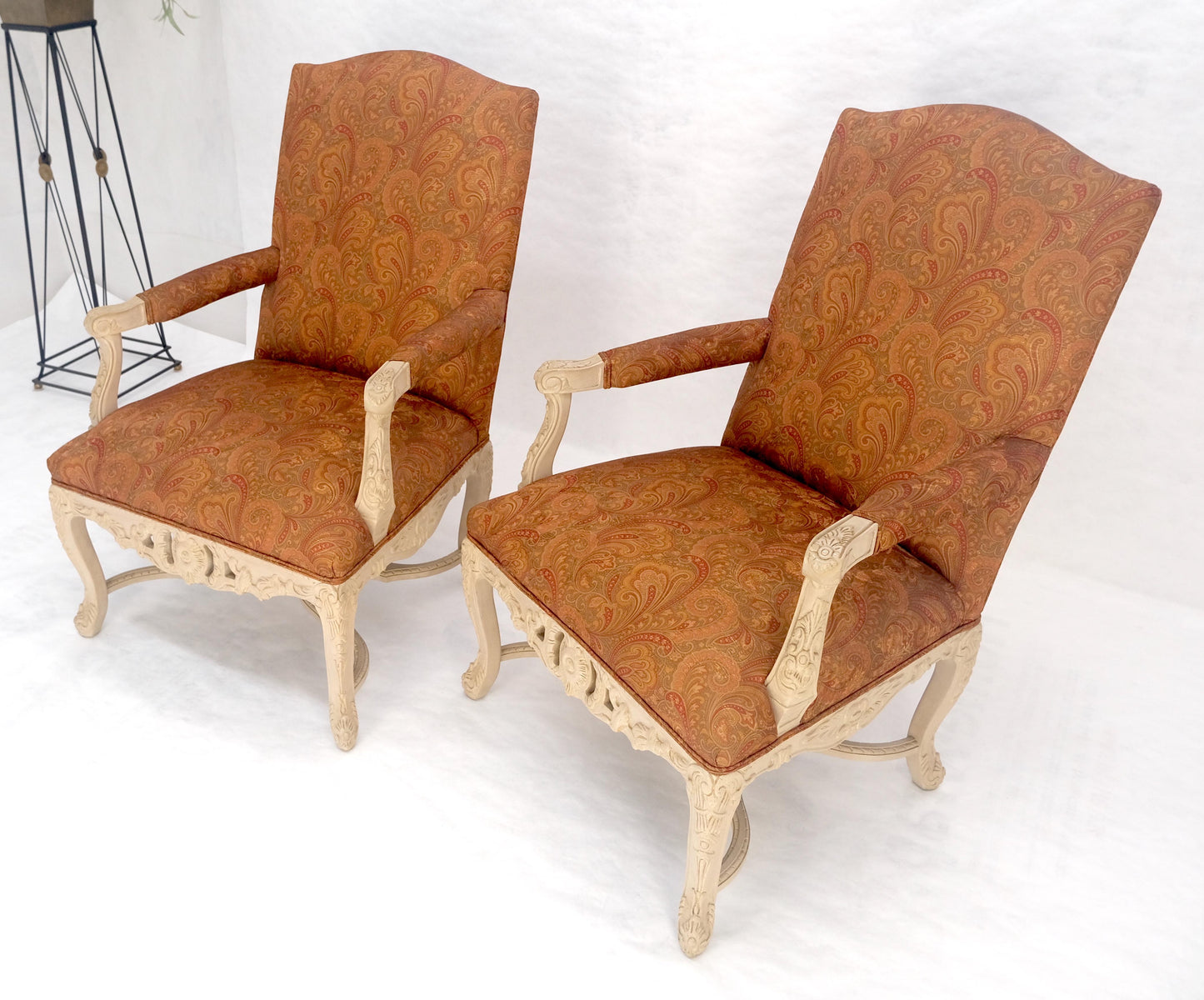 EstablishedLines Pair of Fine Carved White Lacquer Rouge Floral Upholstery Arm Club Chairs MINT