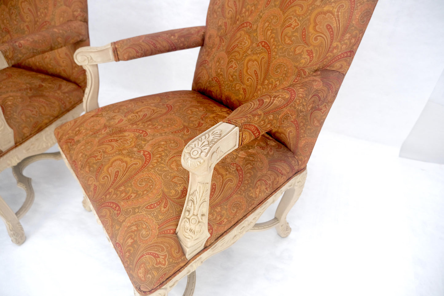EstablishedLines Pair of Fine Carved White Lacquer Rouge Floral Upholstery Arm Club Chairs MINT