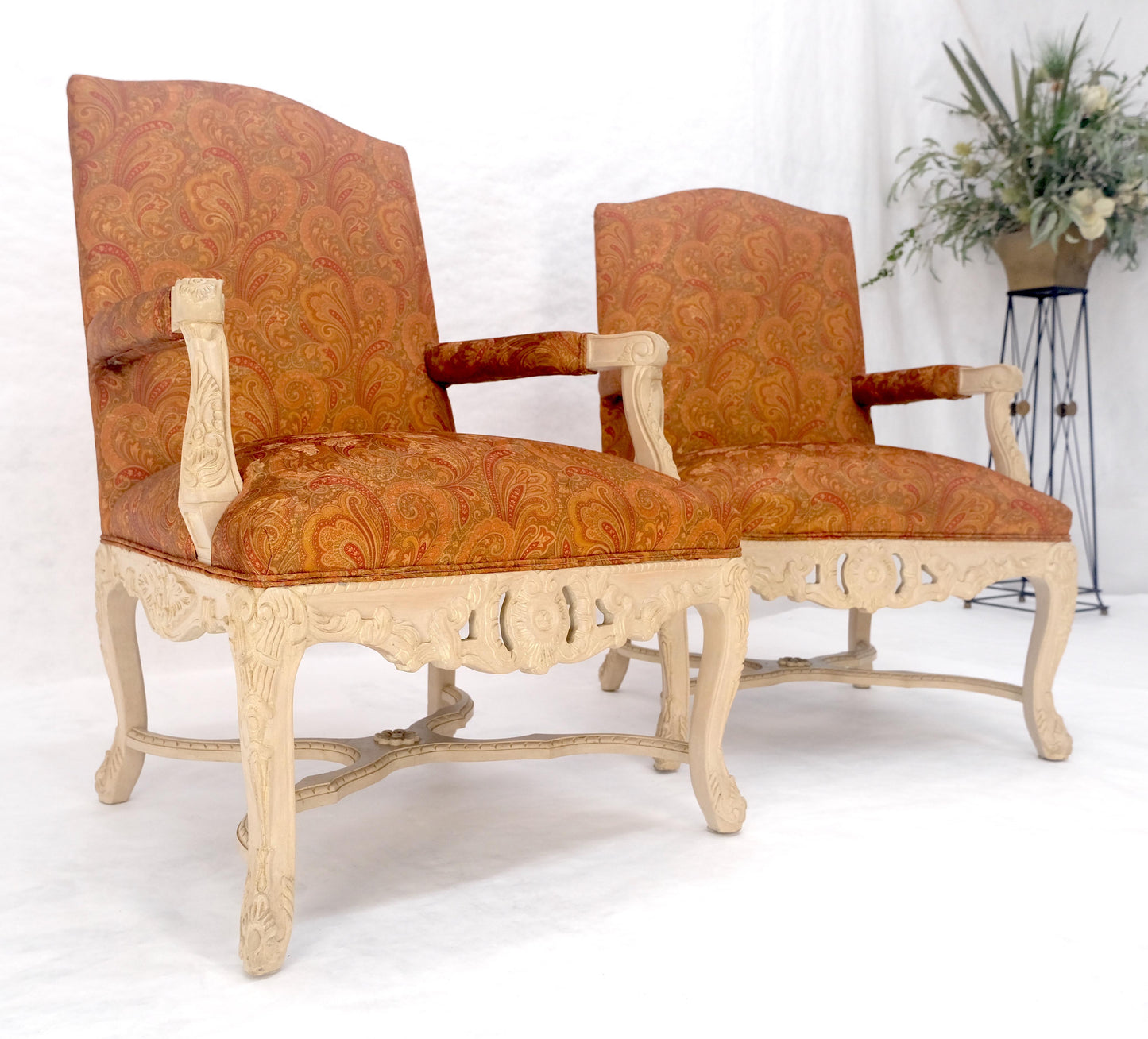 EstablishedLines Pair of Fine Carved White Lacquer Rouge Floral Upholstery Arm Club Chairs MINT