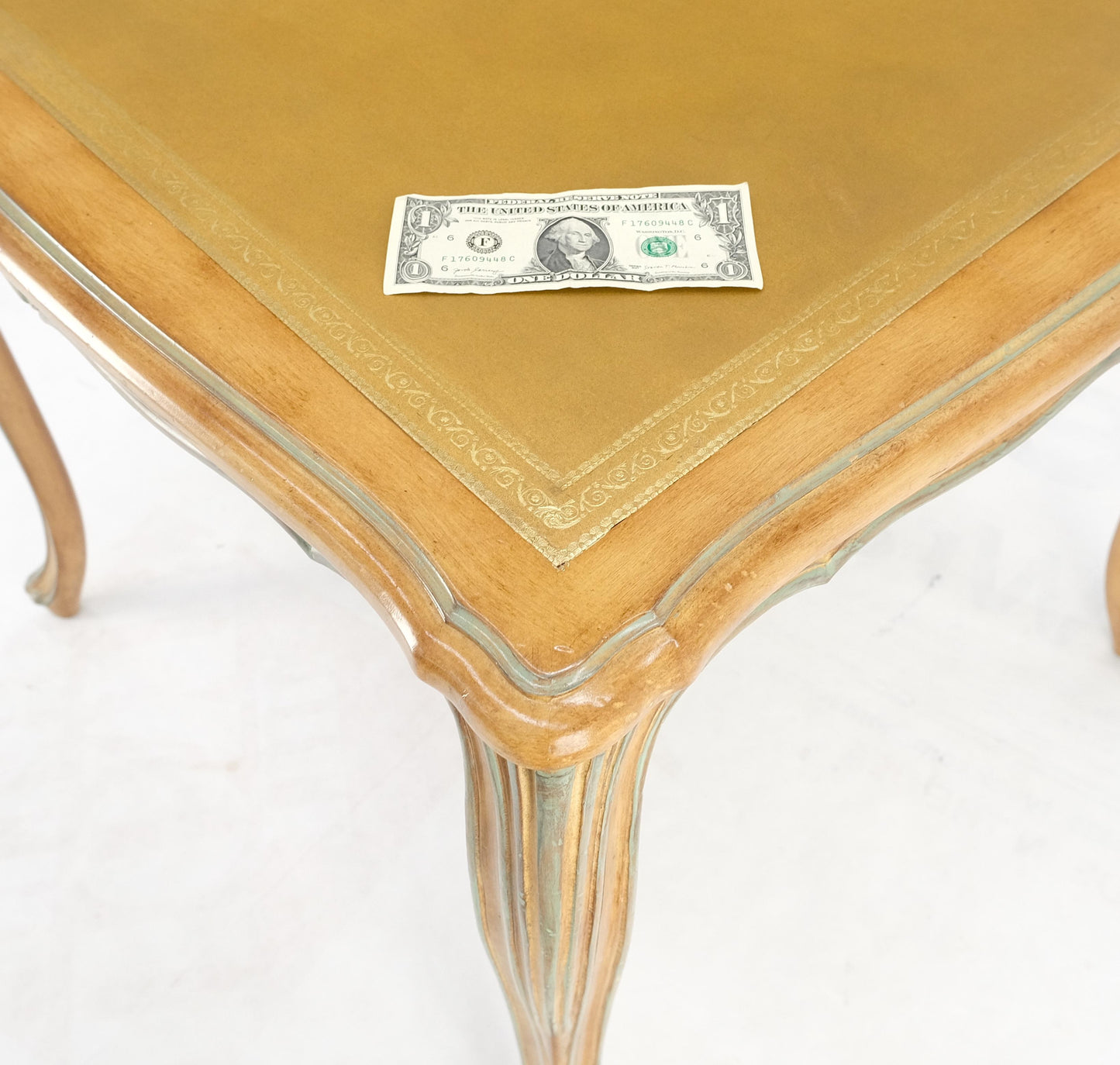EstablishedLines Beige to Off White Wash Finish Leather Top French Provincial Square Game Table
