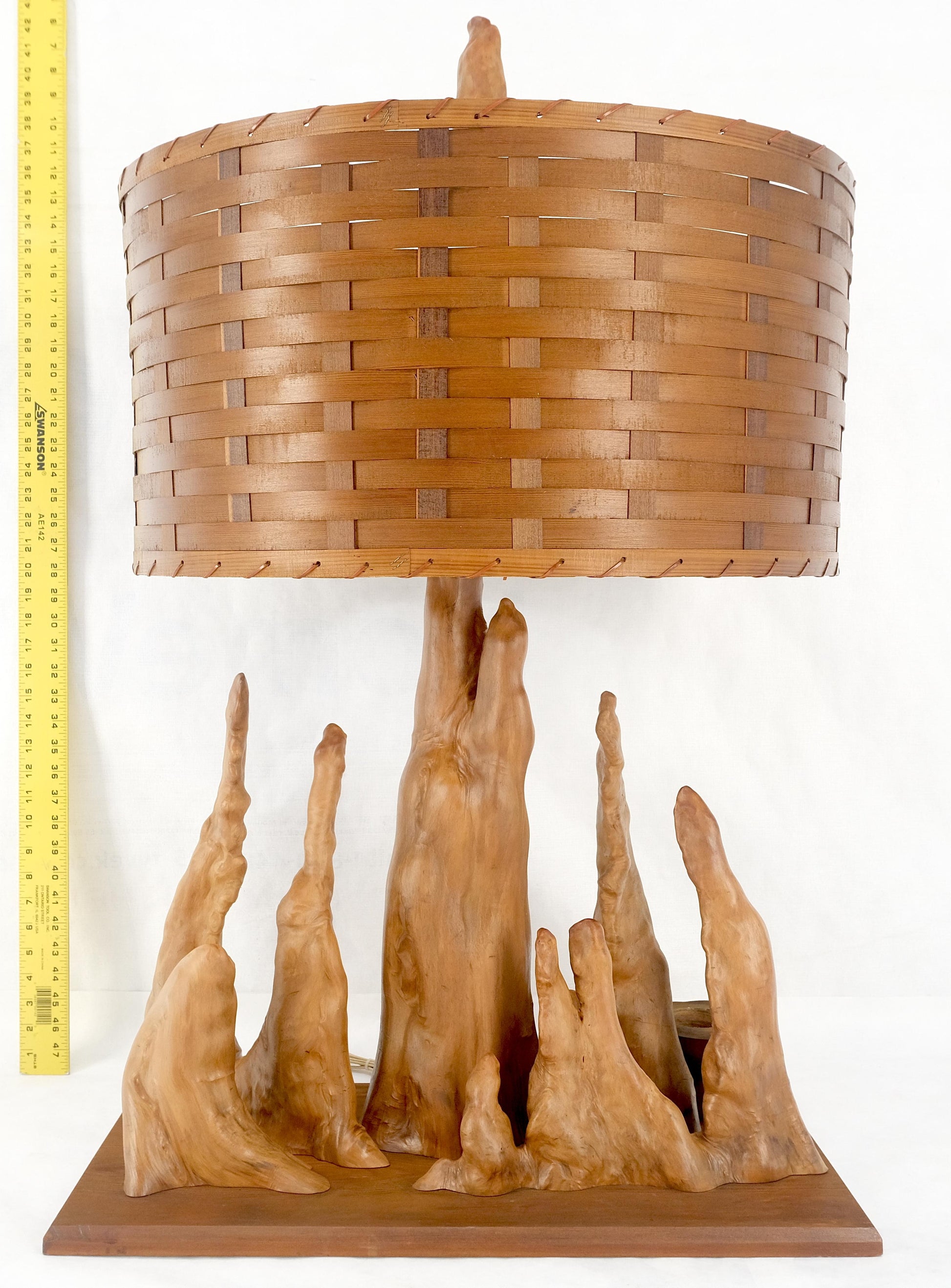 EstablishedLines Mid Century Cypres Root Driftwood Style Backet Weave Shape Shade Table Lamp MINT