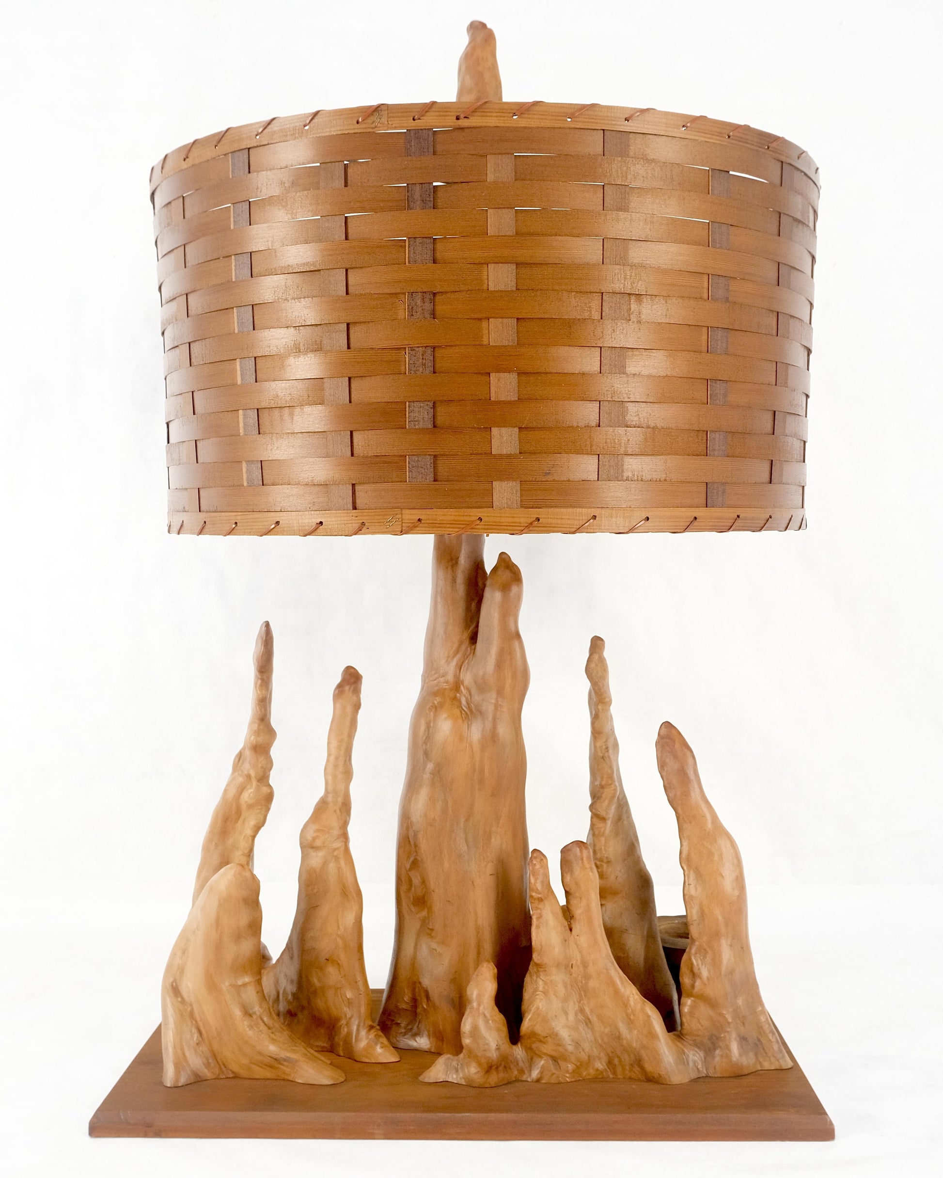 EstablishedLines Mid Century Cypres Root Driftwood Style Backet Weave Shape Shade Table Lamp MINT