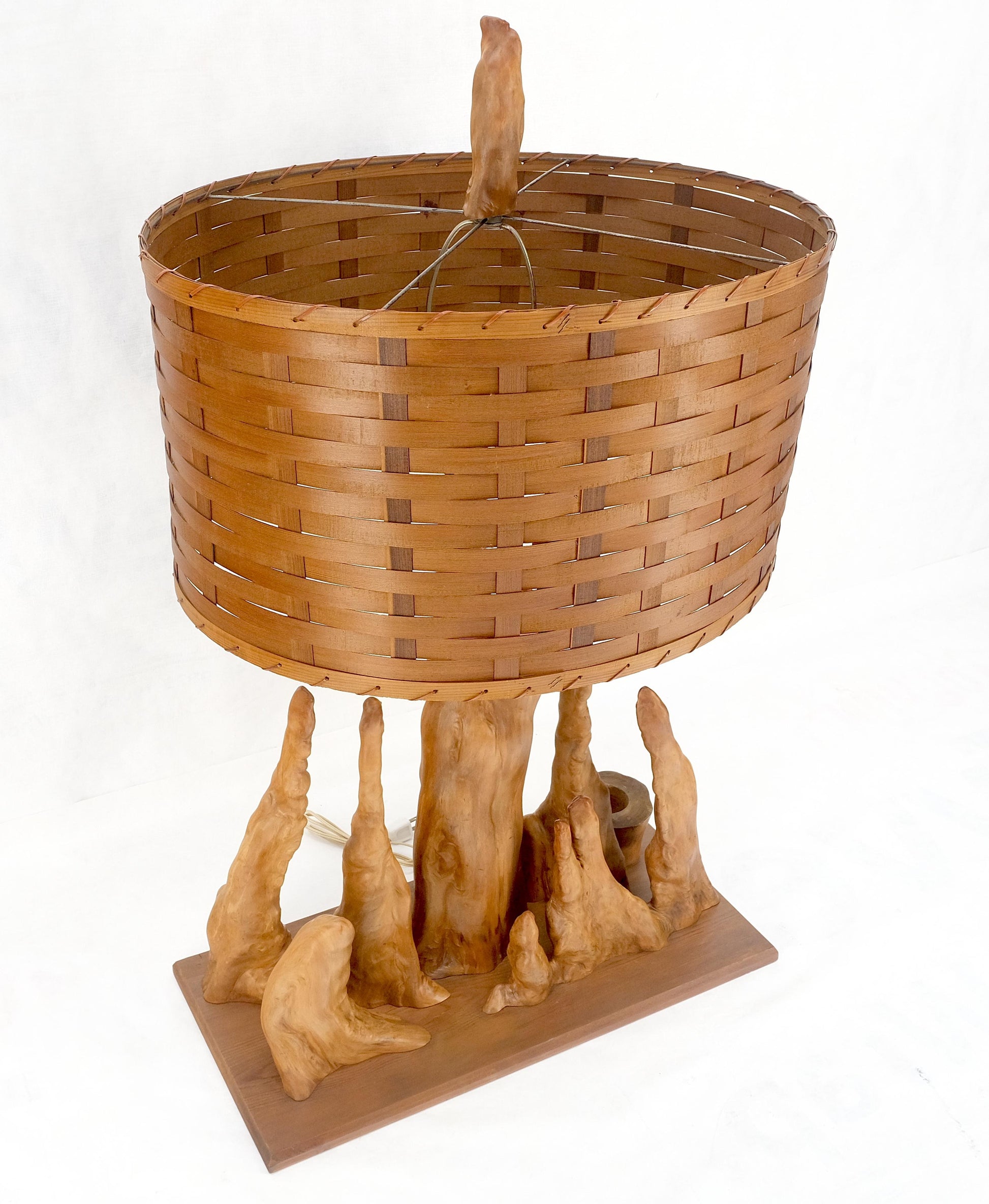 EstablishedLines Mid Century Cypres Root Driftwood Style Backet Weave Shape Shade Table Lamp MINT