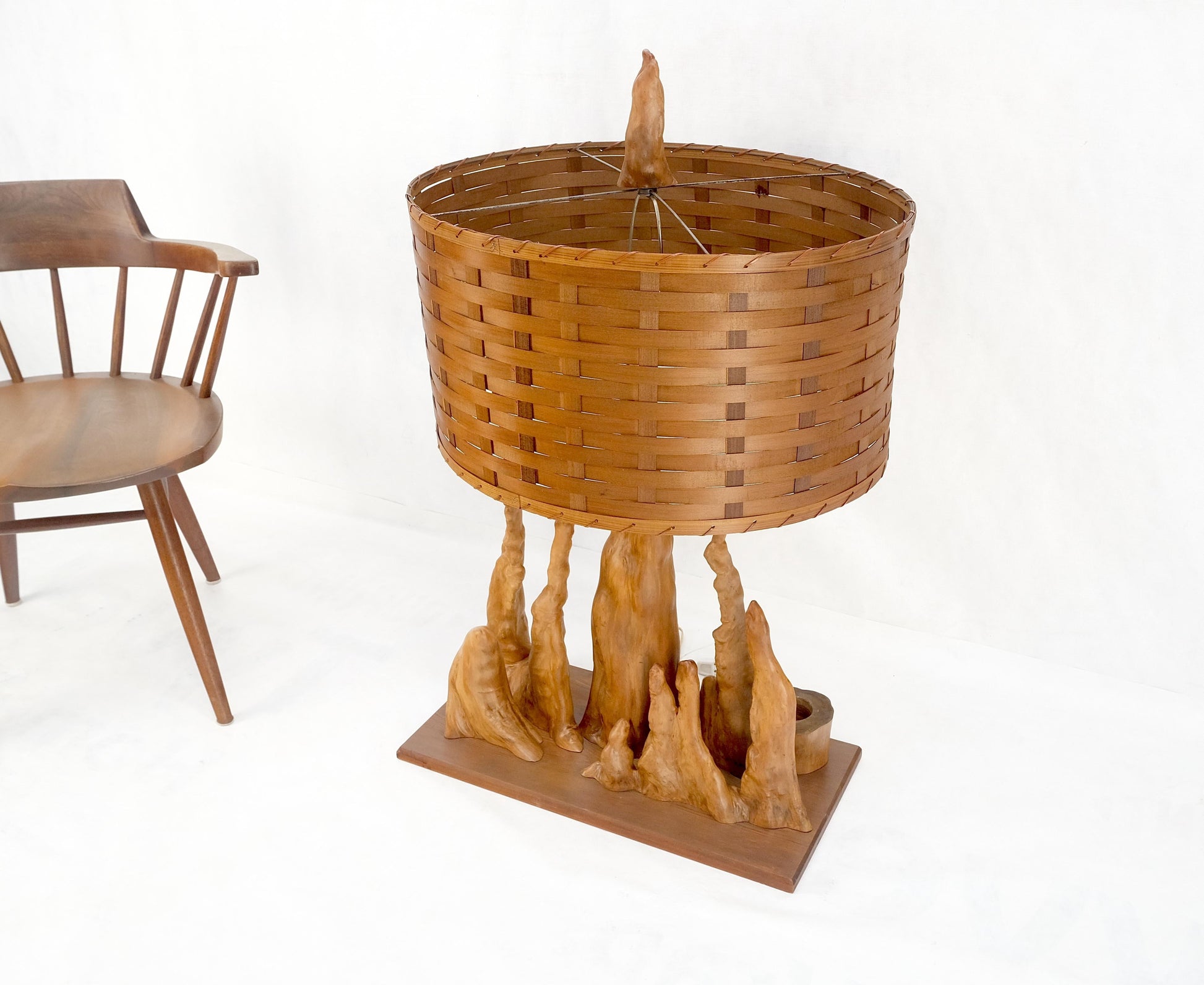 EstablishedLines Mid Century Cypres Root Driftwood Style Backet Weave Shape Shade Table Lamp MINT